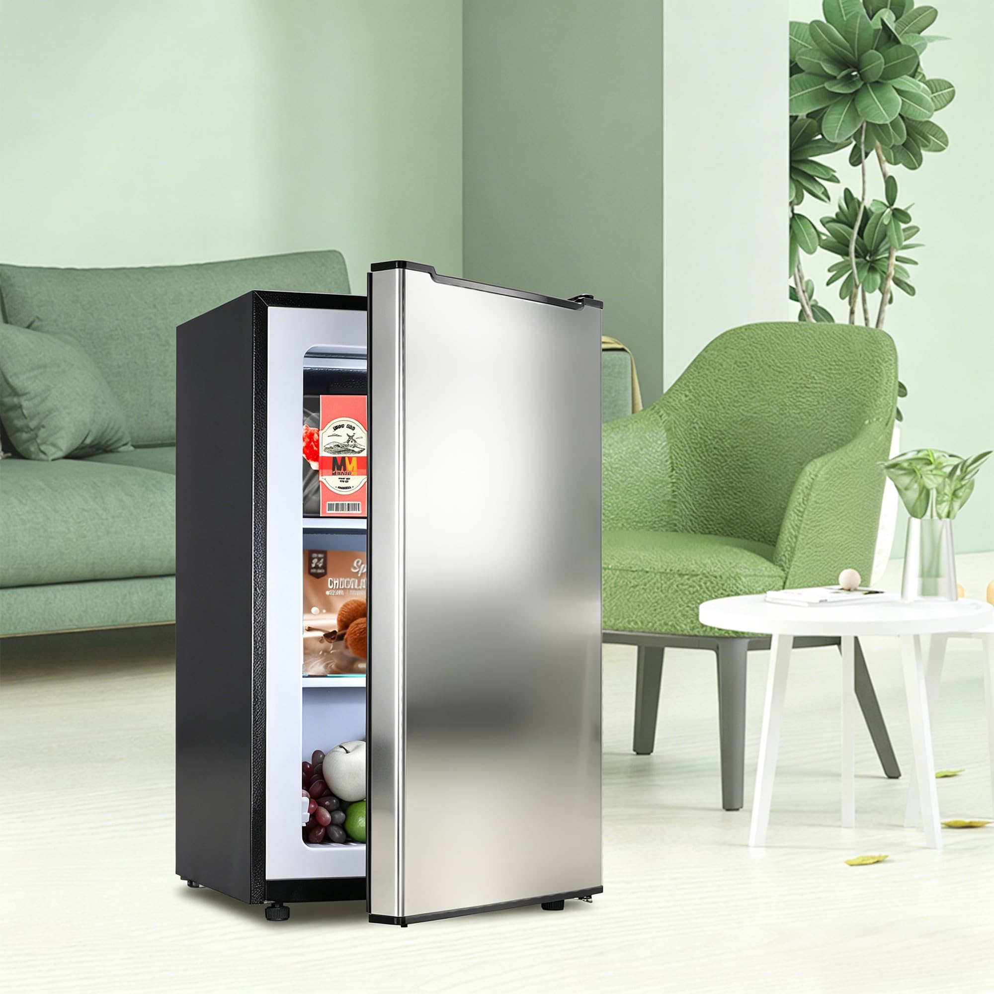 Mini Upright freezer 3.6 Cubic Feet Mini Freezer, Single Door Compact Freezer with Reversible Stainless Steel Door, 3-Speed Temperature Adjustment Small freezer for Home, Glossy Silver