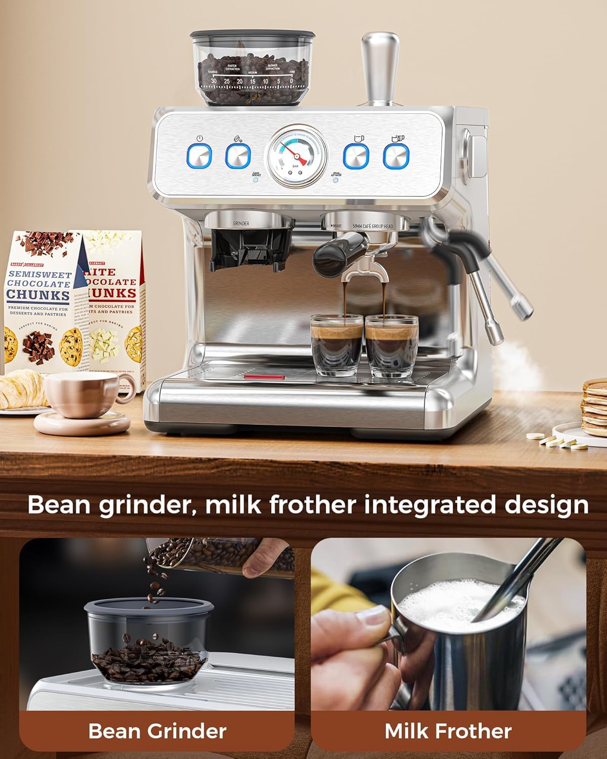 COWSAR 20 Bar Espresso Machine with Grinder & Milk Frother Steam Wand, 58mm Expresso Coffee machines, Commercial Stainless Steel Coffee Maker for Cappuccino and Latte, Perfect for Home Café-Pro