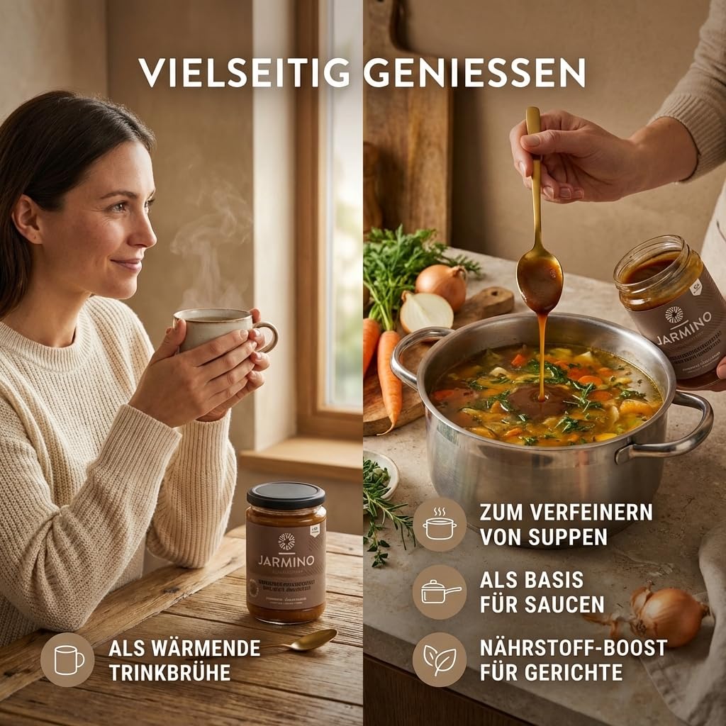 JARMINO Bio Rinderknochenbrühe Konzentrat, Grasgefütterte Brühe für Menschen, Flüssige Knochenbrühe mit Kollagenprotein, Keto, Paleo & AIP geeignet, Rinderbrühe, 440 g, 44 Portionen