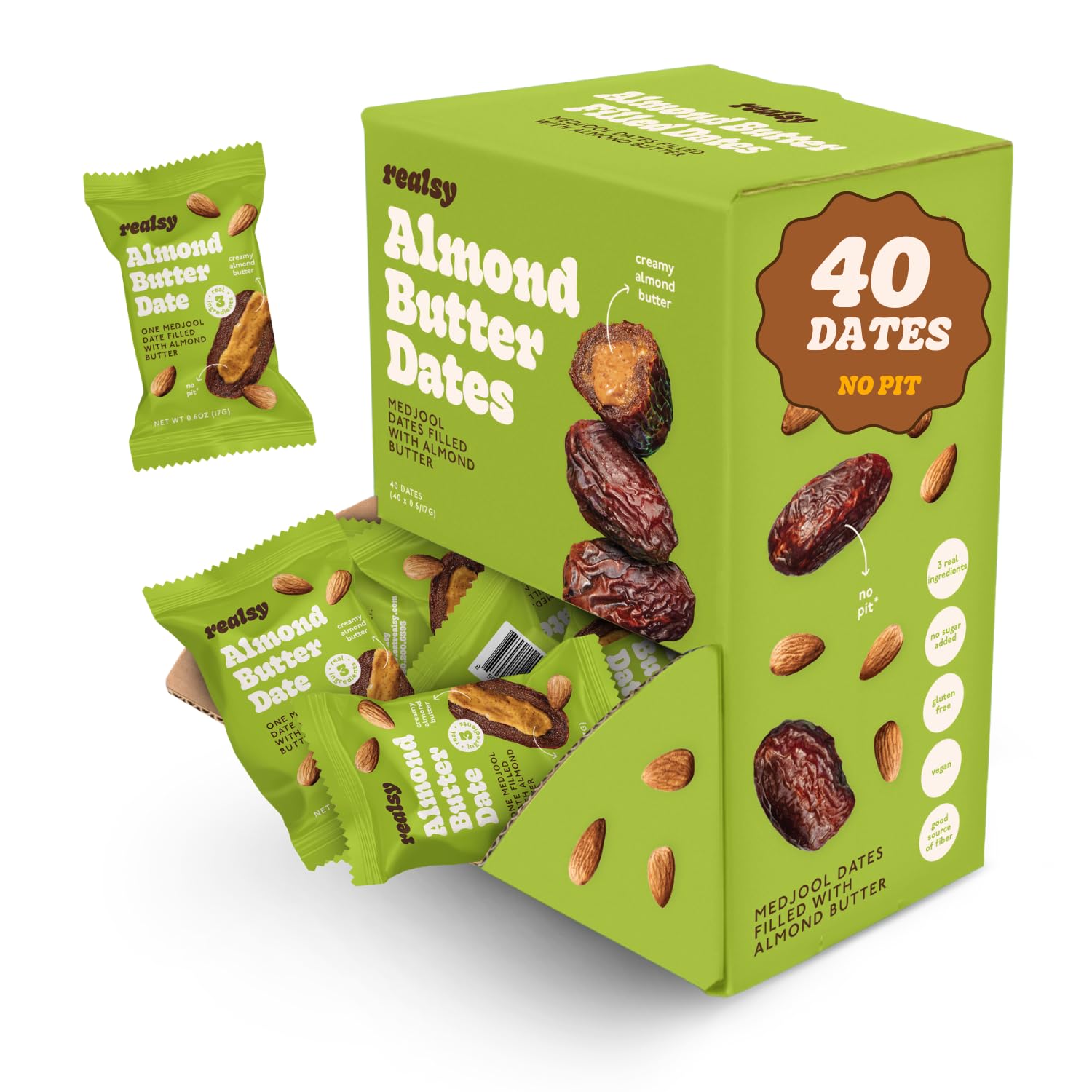 Realsy Stuffed Medjool Dates, Organic Dates with No Sugar Added, Gluten-Free, Vegan, All-Natural Healthy Snack, Individually Wrapped (40 ct) (Peanut Butter)