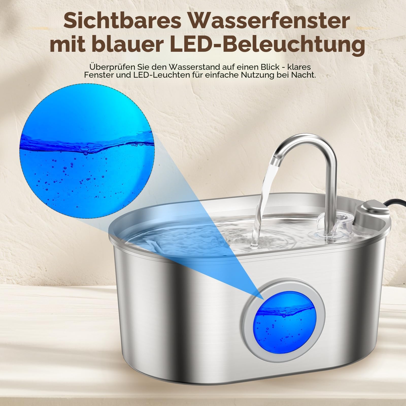 Invengo MeowFlow B30 Trinkbrunnen für Katzen, 2,2L Edelstahl-Haustierbrunnen mit sichtbarem Wasserfenster, einfach zu reinigen und installieren, inkl. 4 Ersatzfilter, spritzwassergeschütztes Design