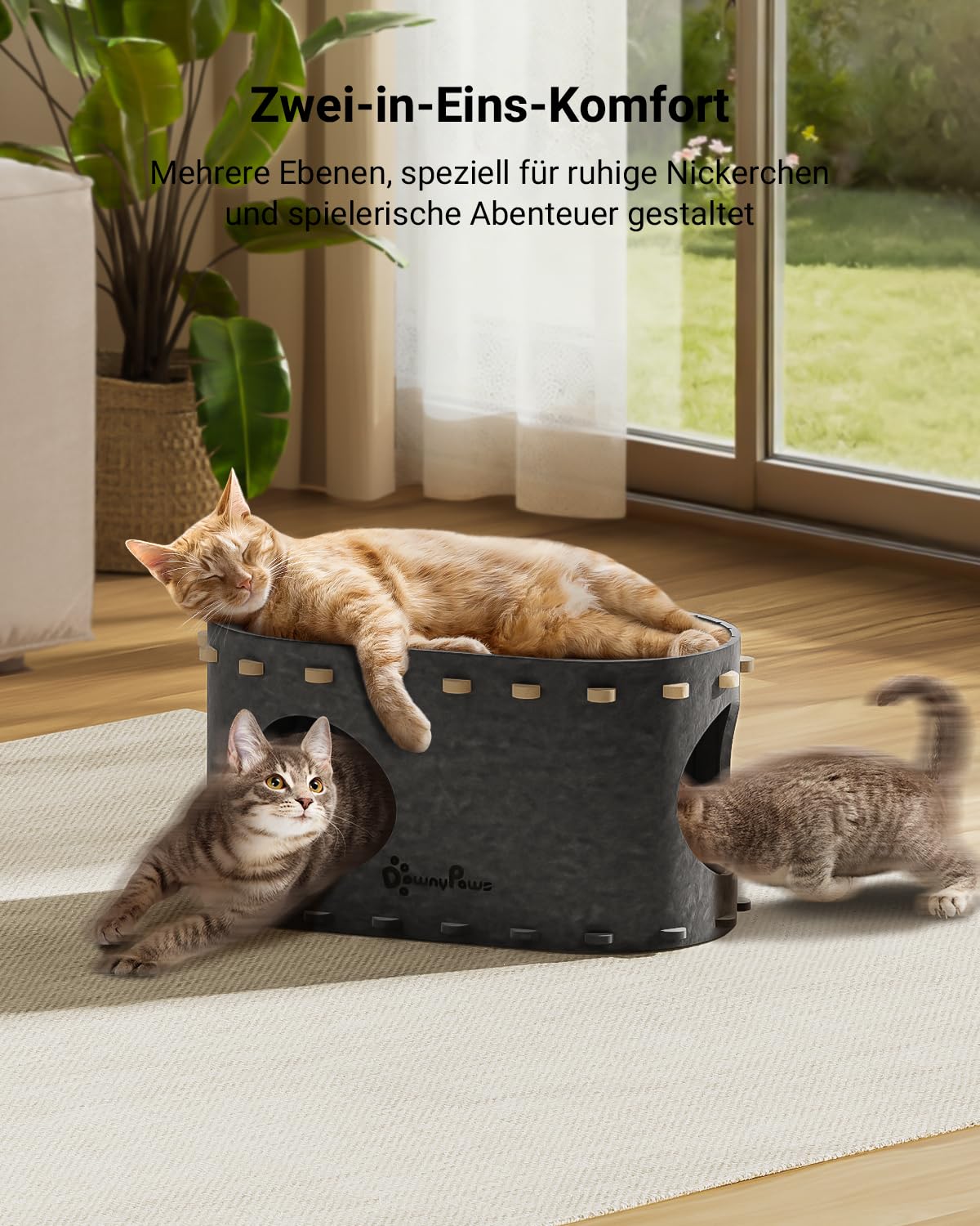 Katzenhöhle Filz, Katzenhaus aus Filz, Katzenbett, Katzenhöhle für Katzen, 58 x 33 x 30cm, Peek-a-Boo zum Spielen, Winterfest, Schutz der Katzennägel, Beige