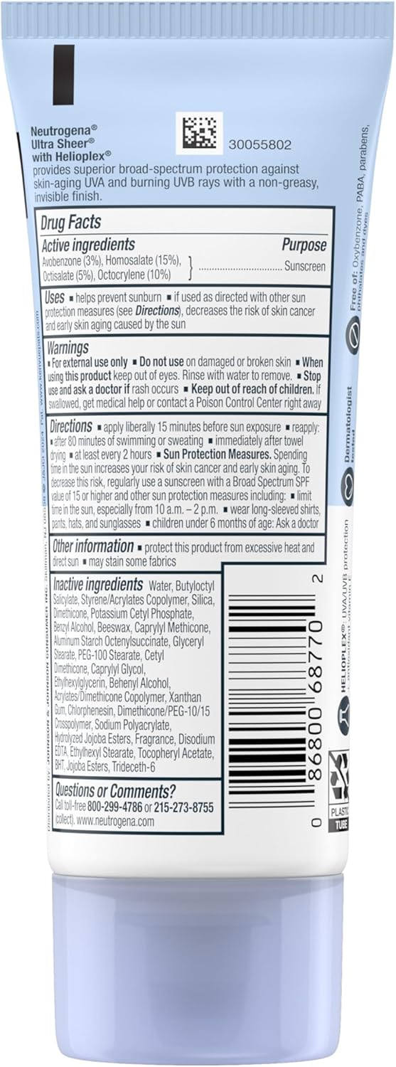 Neutrogena Ultra Sheer Dry-Touch Sunscreen Lotion, Broad Spectrum SPF 55 UVA/UVB Protection, Oxybenzone-Free, Light, Water Resistant, Non-Comedogenic & Non-Greasy, Travel Size, 3 fl. oz