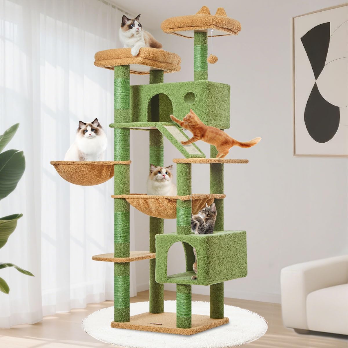 Taoqimiao 180CM Kratzbaum Groß, Katzenbaum Katzen Kratzbaum Grosse Katzen Stabil mit 2 Katzenhaus, Metallhängematte, Korb, 8 Kratzsäulen, Katzenkratztafel, MS026LM Beige