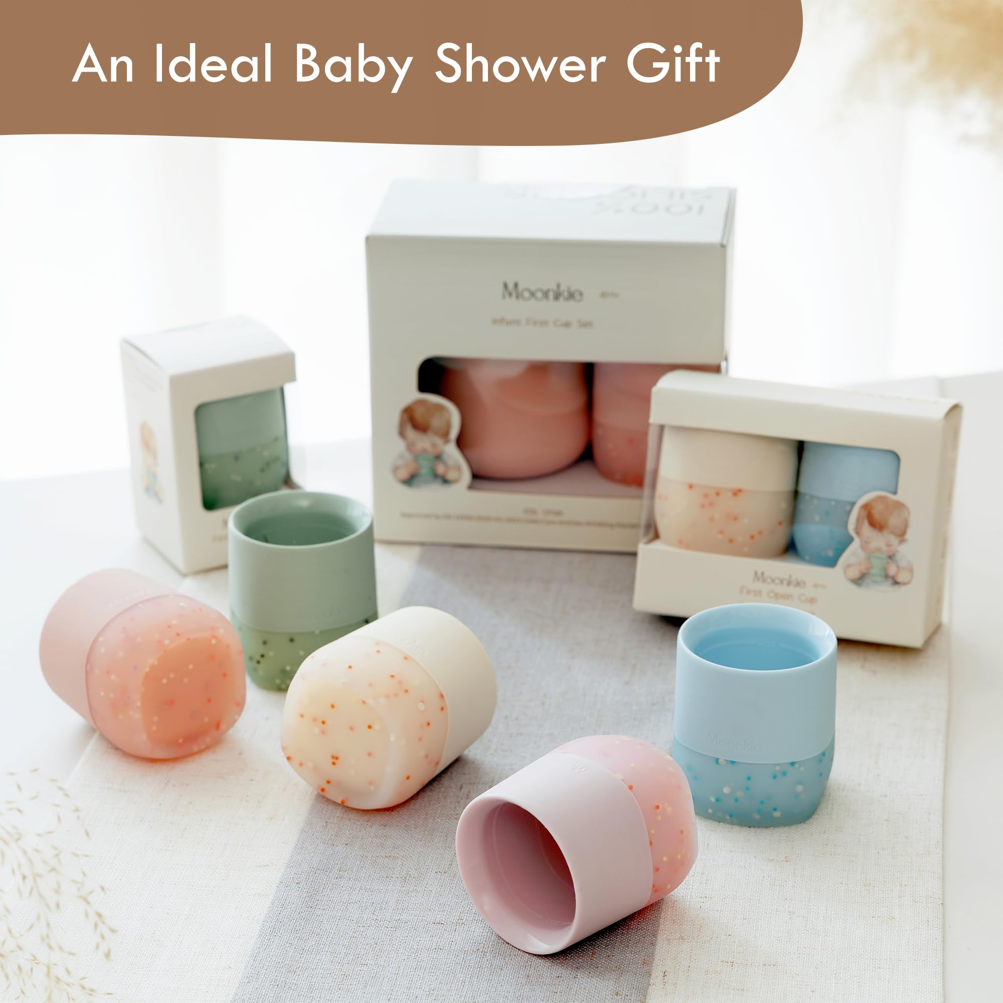 Moonkie Trinklernbecher Baby Silikon | 2er-Pack Offener Lernbecher ab 4 Monate | BPA-frei | mit Messskala | 60ml Tiny Cup(Äther/Mint)