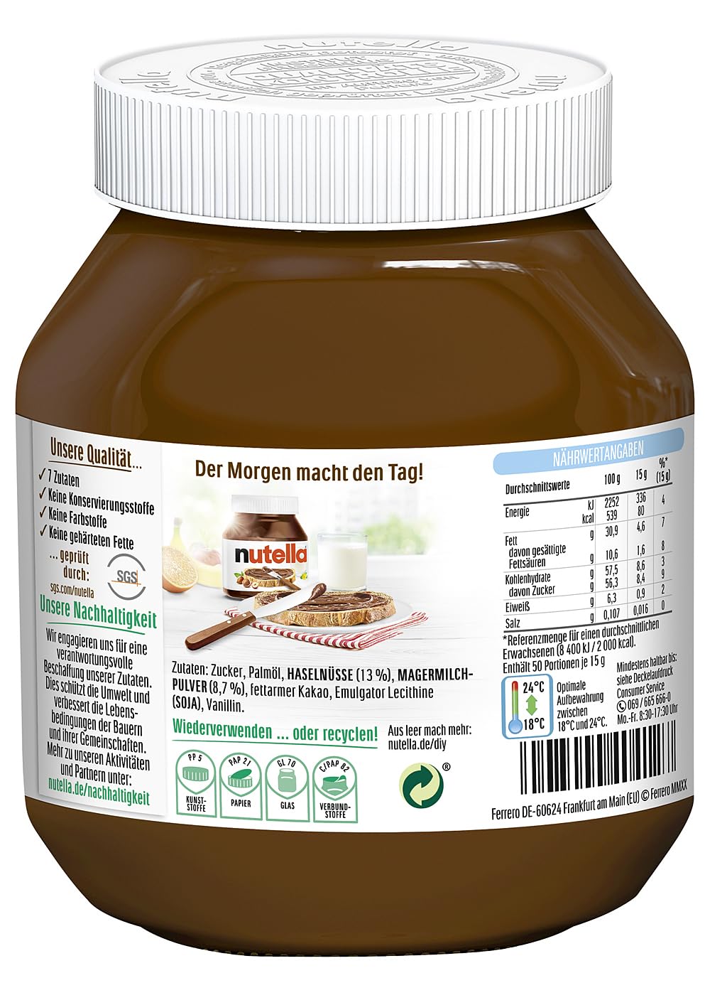 nutella - Nuss-Nougat-Creme, 1 Glas mit 750g, leckere Haselnuss-Schoko-Creme als Aufstrich oder für Rezepte