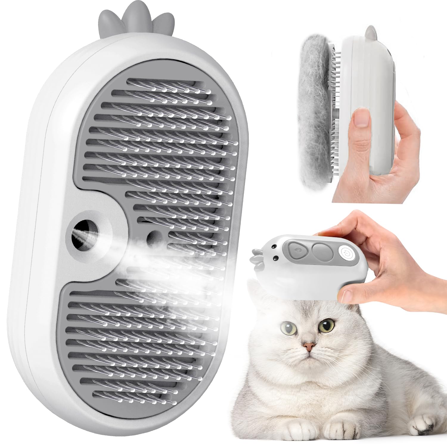 Katzenbürste mit Dampf & Auslöseknopf, Wiederaufladbar Dampfbürste von Katze Hunde, Spray Haustierhaar Bürste, Massage Steamer Kamm für Langhaar und Kurzhaar zum Entfernen Losem Fell und Schmutz