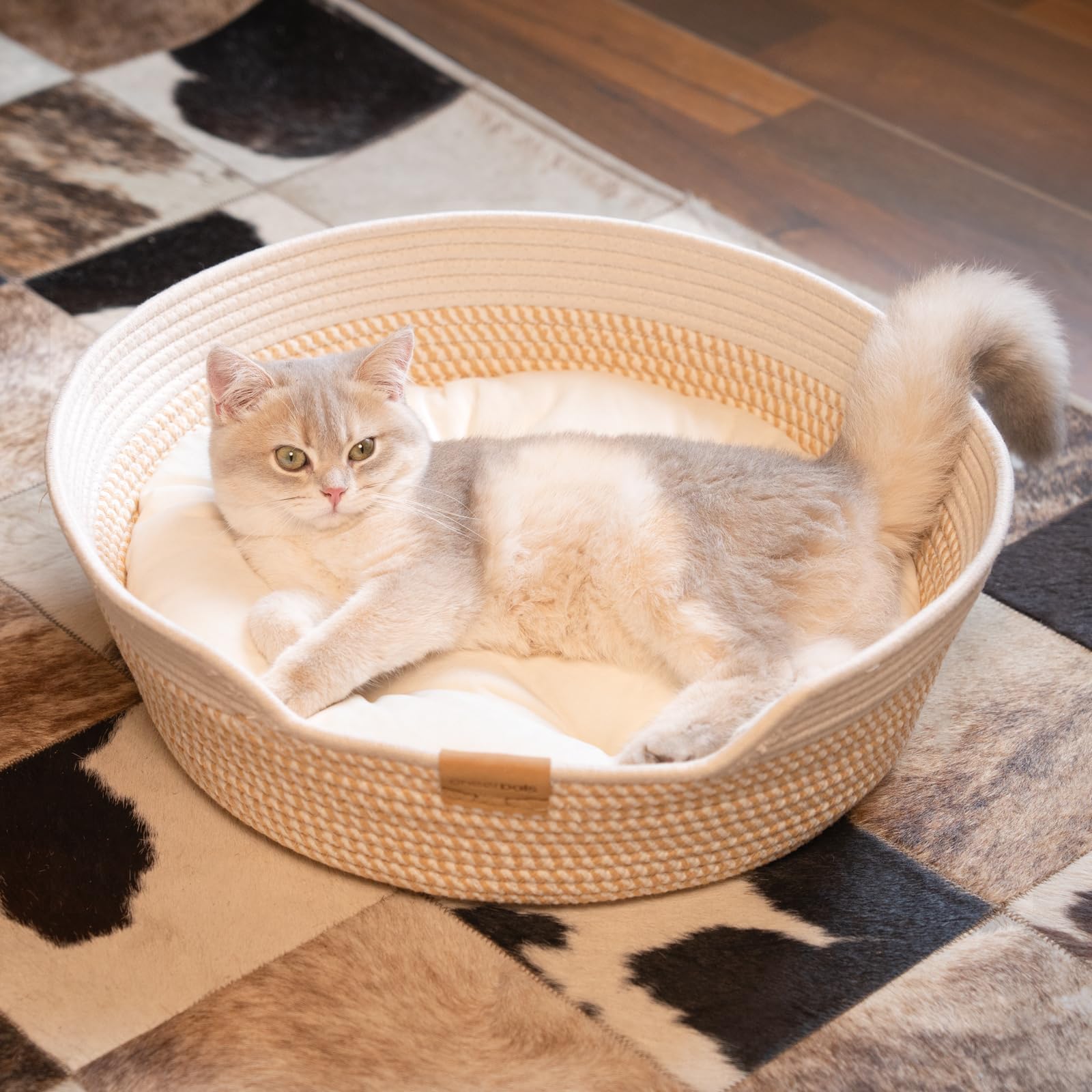 CheerPals Katzenbett mit Kissen, 47cm Waschbar Katzenkorb aus Baumwollseilen geflochten, zum Schlafen für Alle Katze, All Season Universal