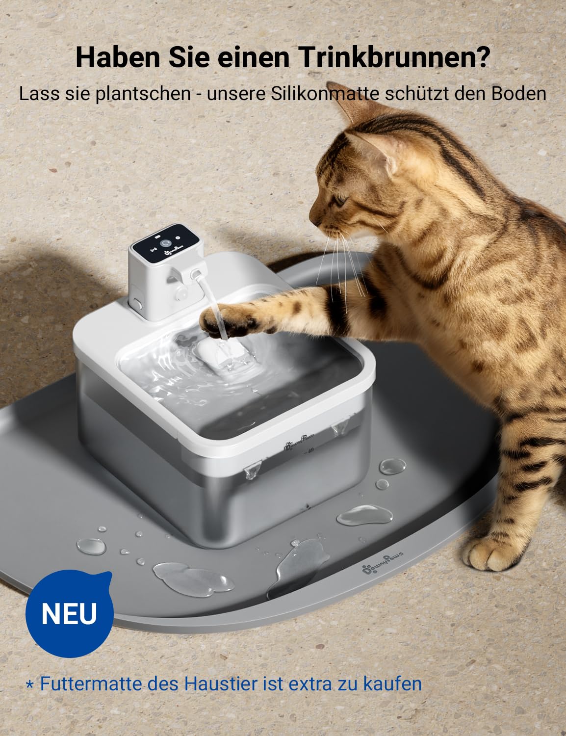 DownyPaws 2.5L Trinkbrunnen für Katze Kabellos, Katzenbrunnen Kabellos mit Bewegungsmelder, Batteriebetrieben Katzentrinkbrunnen, 4000mAh, Leise Wasserpumpe, Tablett aus Edelstahl für Katze, Schwarz