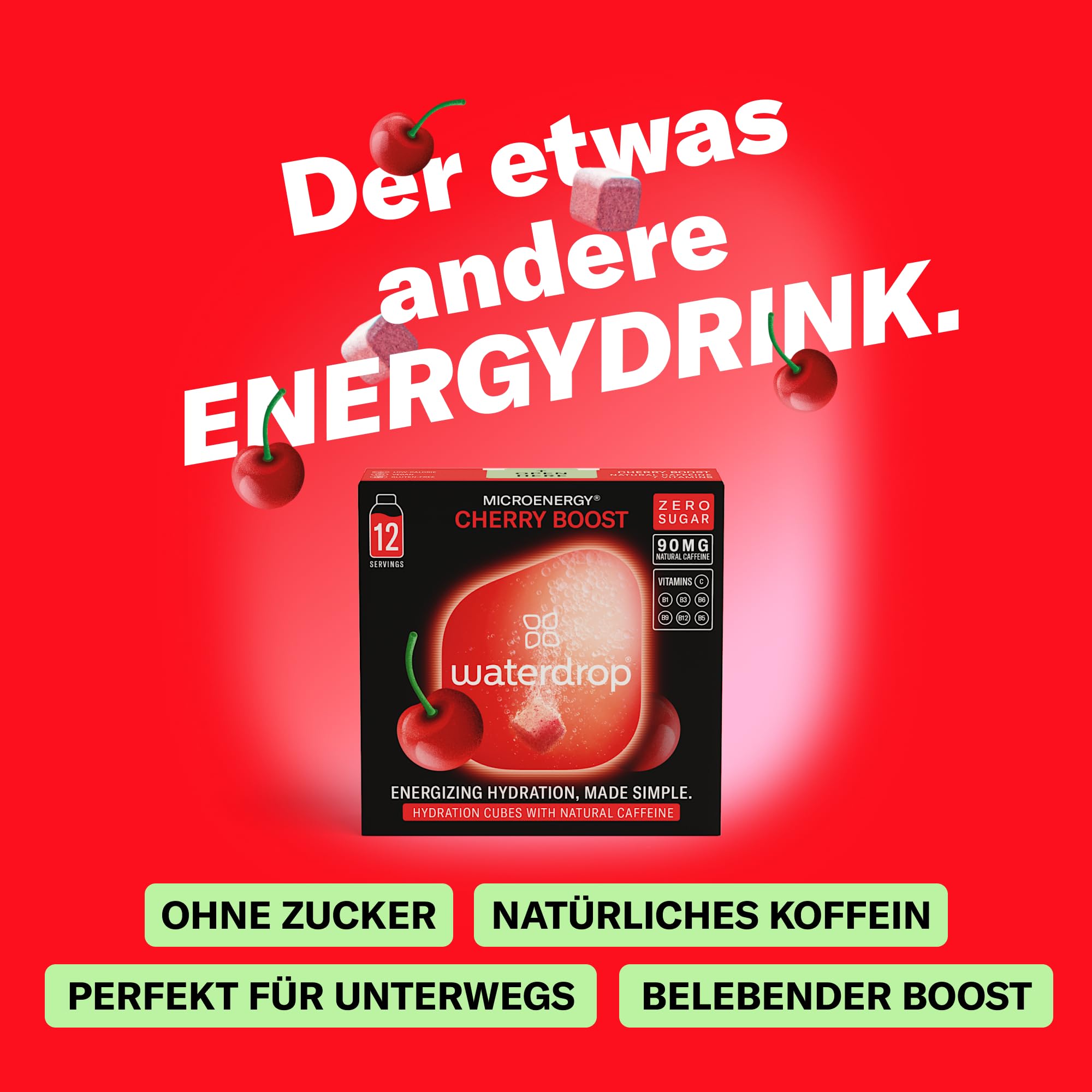 waterdrop® Microenergy Set, Energy Drink Pulver, 36 Würfel Getränkepulver, Mango, Kirsche & Brombeere Geschmack, Zuckerfrei & Kalorienarm, Mit 90 mg Natürlichem Koffein, Vitamin C & B – Flavour Drops