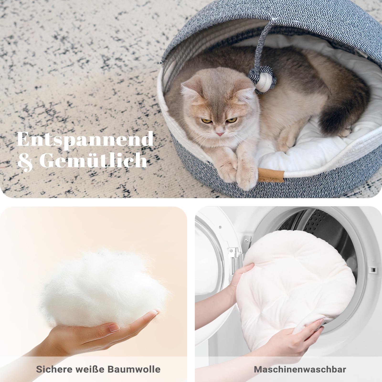 CheerPals Katzenbett mit Kissen, 47cm Waschbar Katzenkorb aus Baumwollseilen geflochten, zum Schlafen für Alle Katze, All Season Universal