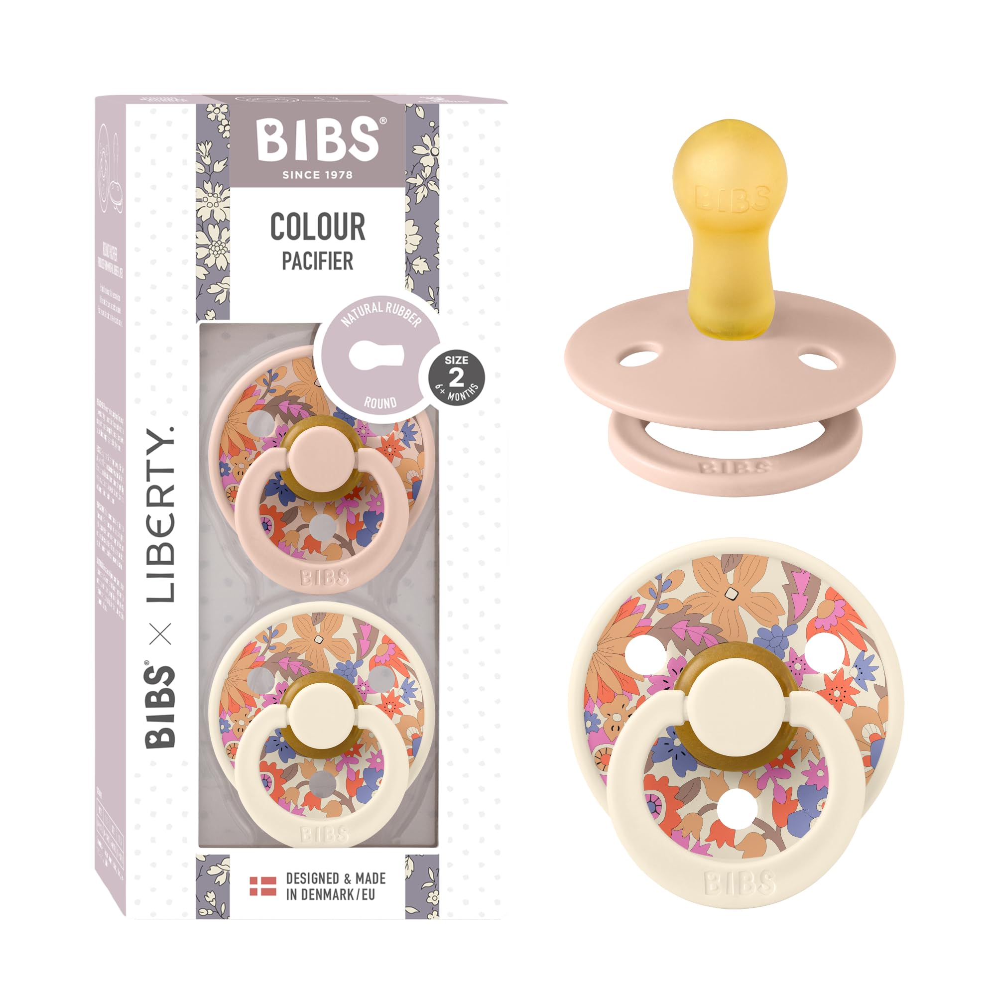 BIBS Colour Liberty Schnuller 2er-Pack, BPA-frei, Kirschform Nippel. Naturkautschuk/Latex, Hergestellt in Dänemark, Größe 2 (6-18 Monate), Chamomile Lawn Violet Sky