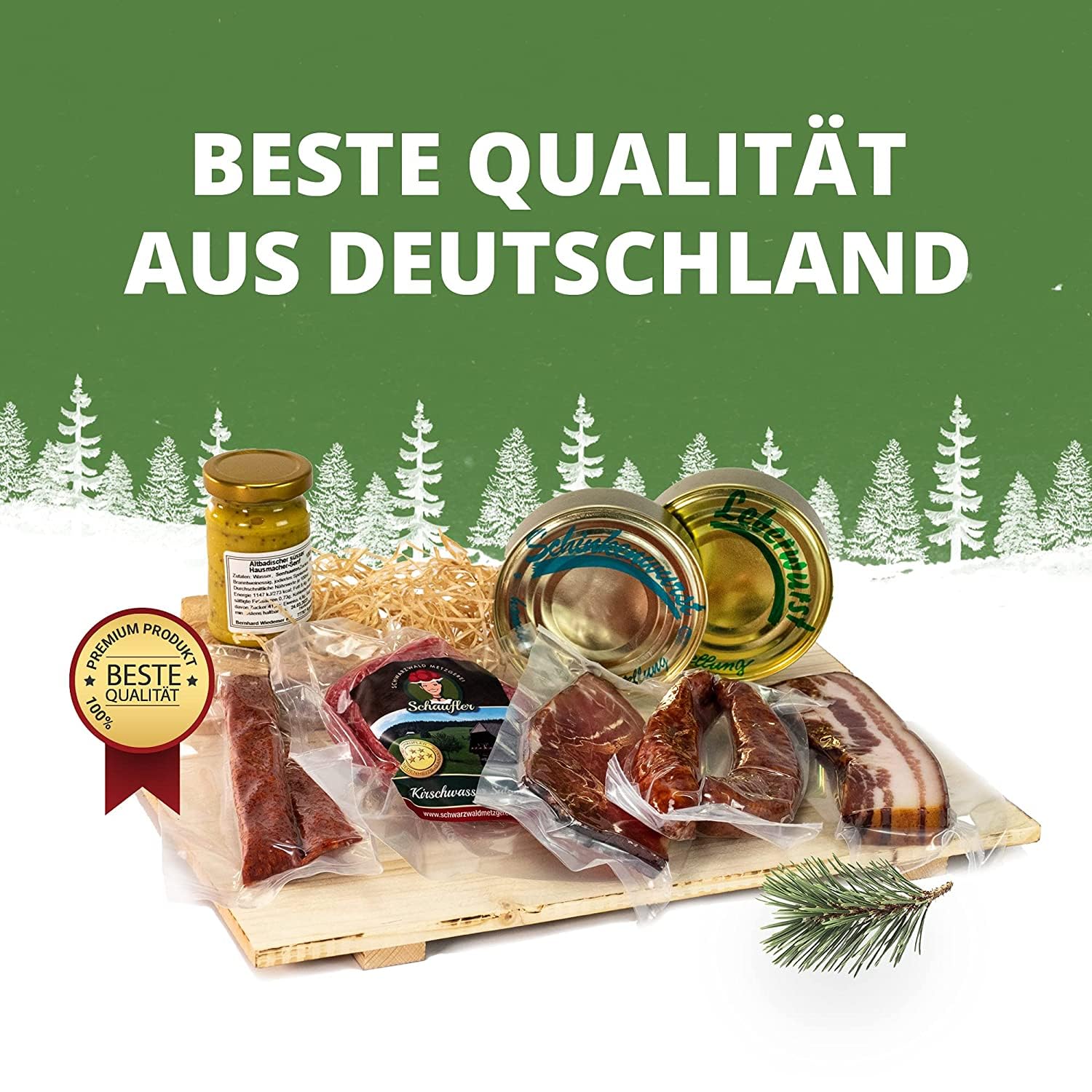Schwarzwald Metzgerei Geschenkkorb – im Leinentäschle – 8-teiliger Präsentkorb mit leckeren & herzhaften Wurstspezialitäten wie Schinken, Landjäger, Kirschwassersalami, Schinkenwurst