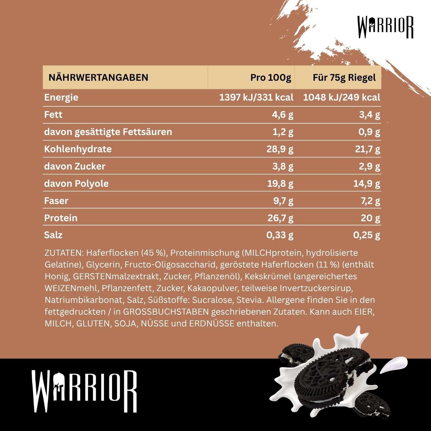Warrior Raw Proteinriegel 12 x 75 g – Ballaststoffreicher Haferriegel mit Protein, High Protein Snack ohne Zucker, Natürlicher Haferflocken Riegel mit Präbiotika – Schoko-Brownie