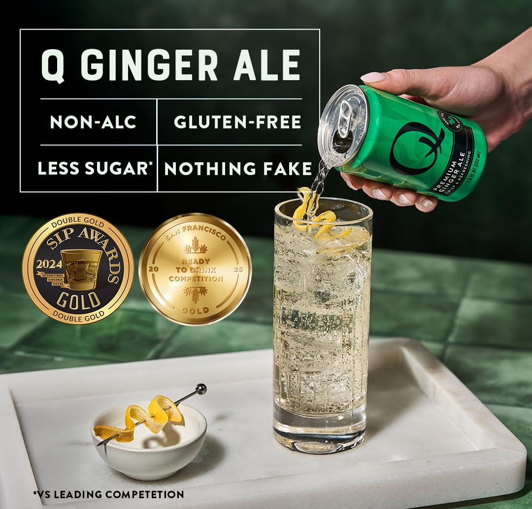 Q GINGER ALE with Real Ginger & Organic Agave - Ideal for Cocktails & Mocktails - Made with Real Ingredients, Perfectly Carbonated, & Less Sweet - 60 Calories per Can - 7.5 Fl oz Cans (Pack of 24)