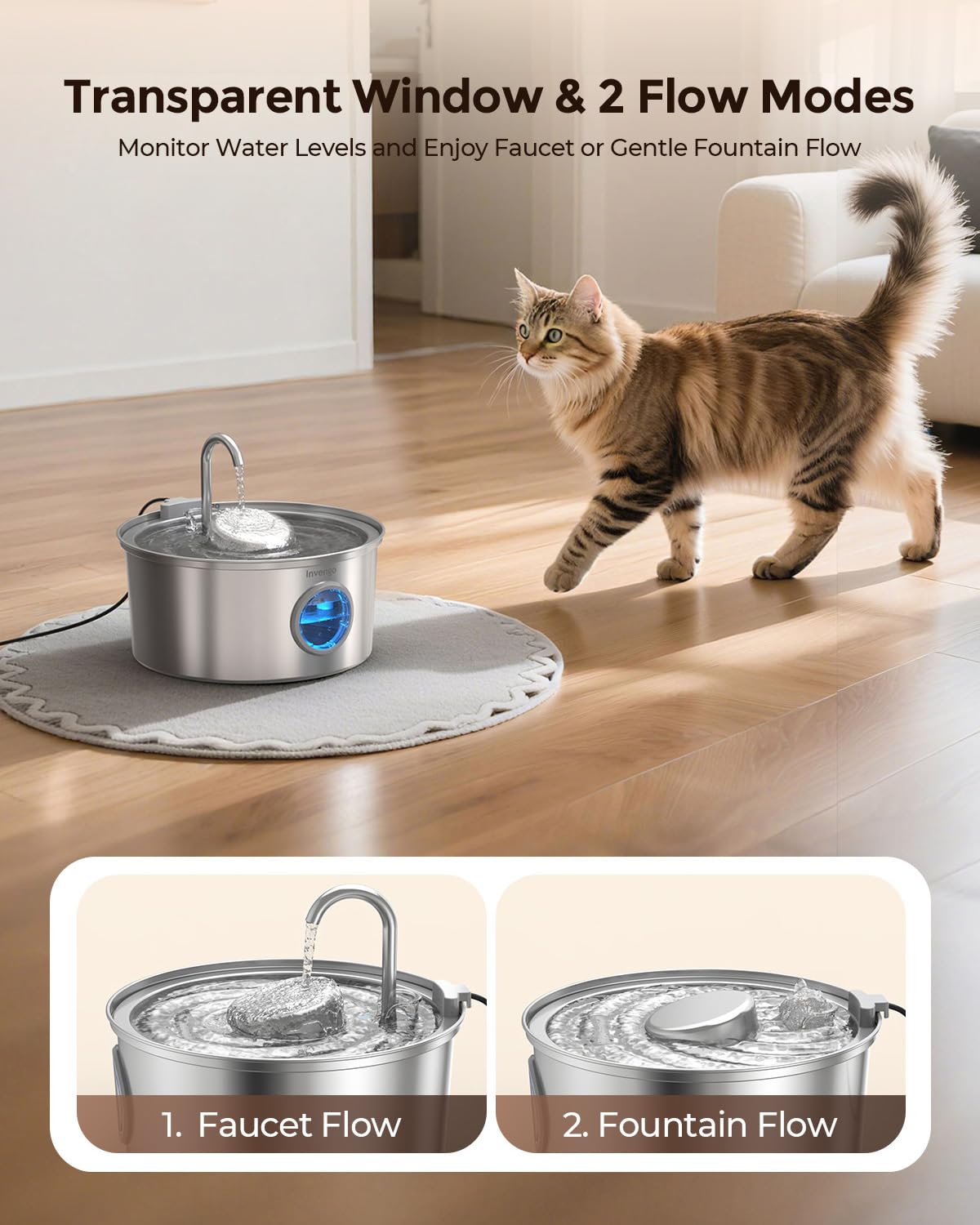 Invengo MeowFlow B30 Trinkbrunnen für Katzen, 2,2L Edelstahl-Haustierbrunnen mit sichtbarem Wasserfenster, einfach zu reinigen und installieren, inkl. 4 Ersatzfilter, spritzwassergeschütztes Design
