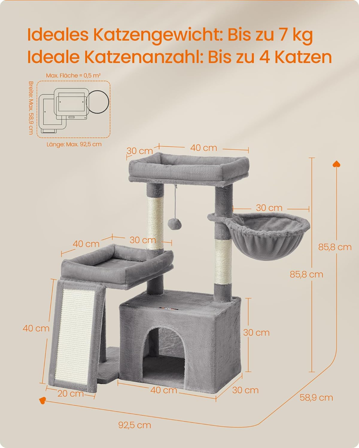 Feandrea Kratzbaum, Katzenbaum mit Kratzsäulen, Rampe, Katzenkratzbaum, 2 große Plattformen, Höhle und Korb, 85,8 cm hoch, Taubengrau PCT013GD01