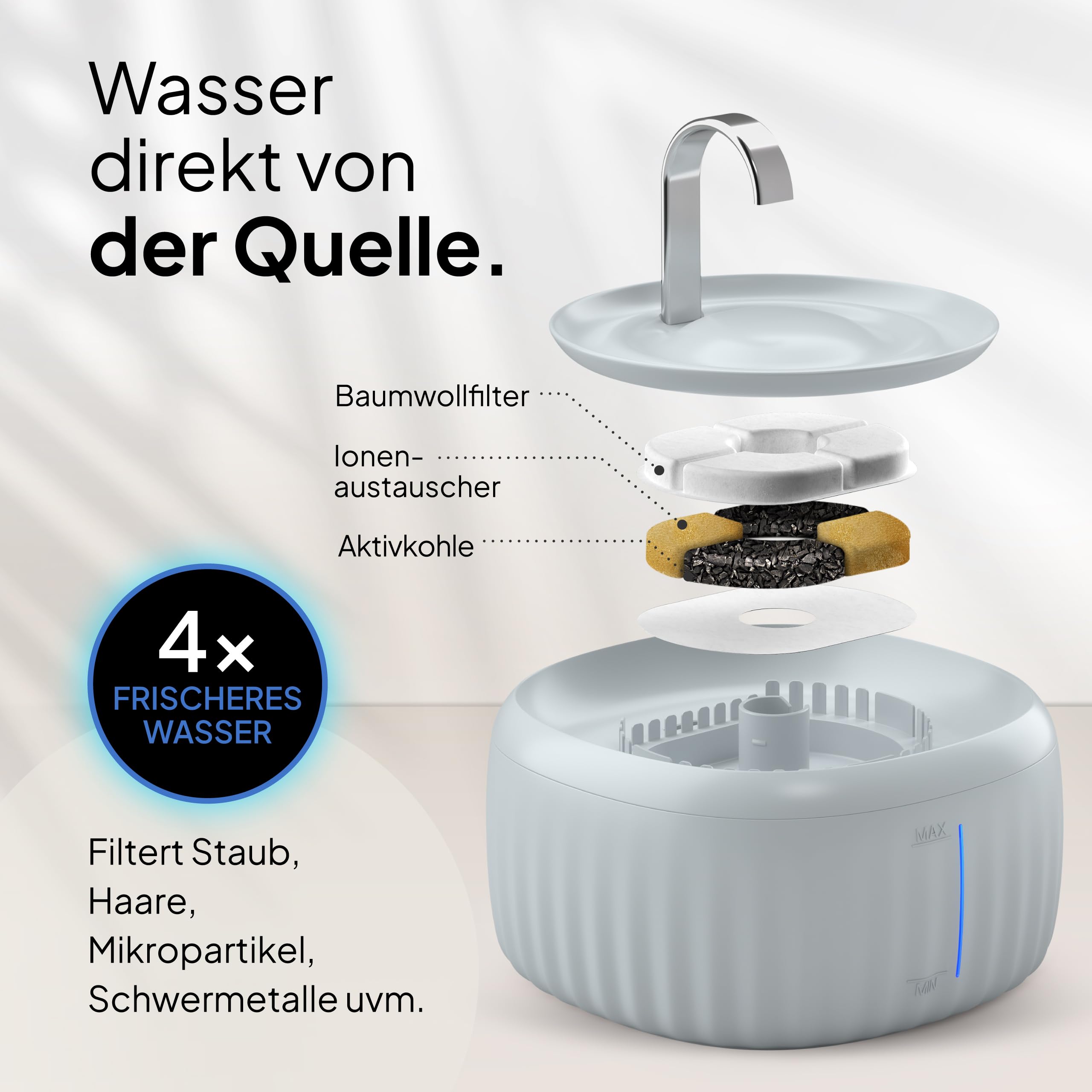 PrettyPaw Katzenbrunnen - Super leiser, BPA-freier 3L Trinkbrunnen für Katze mit LED und Aktivkohlefilter - Leicht zu reinigender Katzen Trinkbrunnen - Aqua Flow (Schwarz)