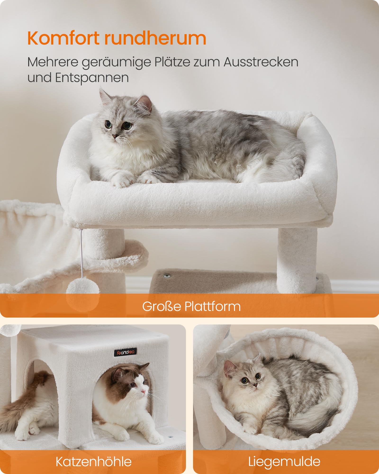Feandrea Kratzbaum, 96 cm hoch, Katzenbaum mit großer Plattform, Katzenkratzbaum mit Katzenhöhle, Hängematte, Kratzrampe, Plüschball, weicher Plüsch, hellgrau PCT51W