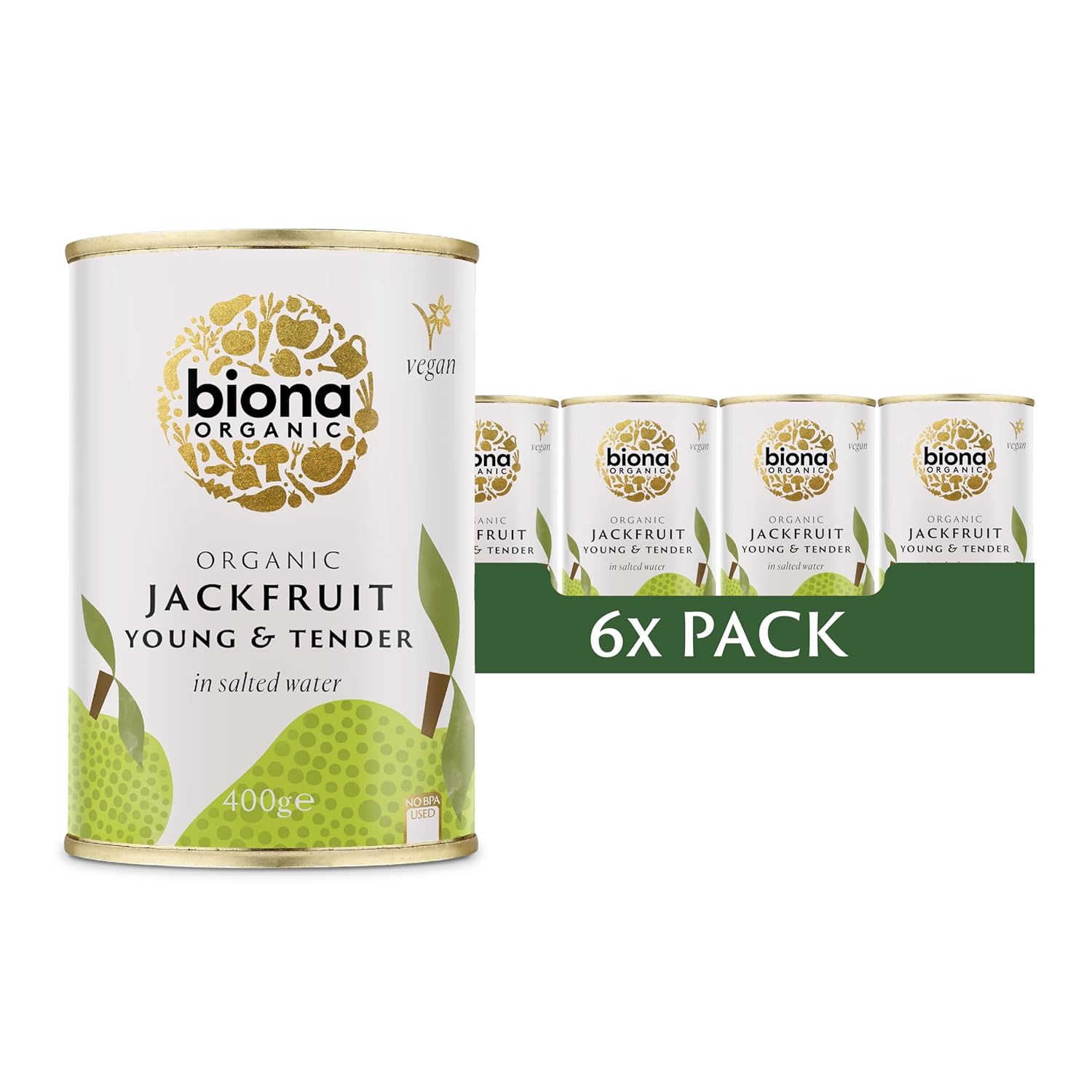 Biona Organic Jackfruit in Salted Water 400g (Pack of 6) - Vegan Meat Substitute, Certified Organic, Perfect for Tacos, Burgers, & Stews