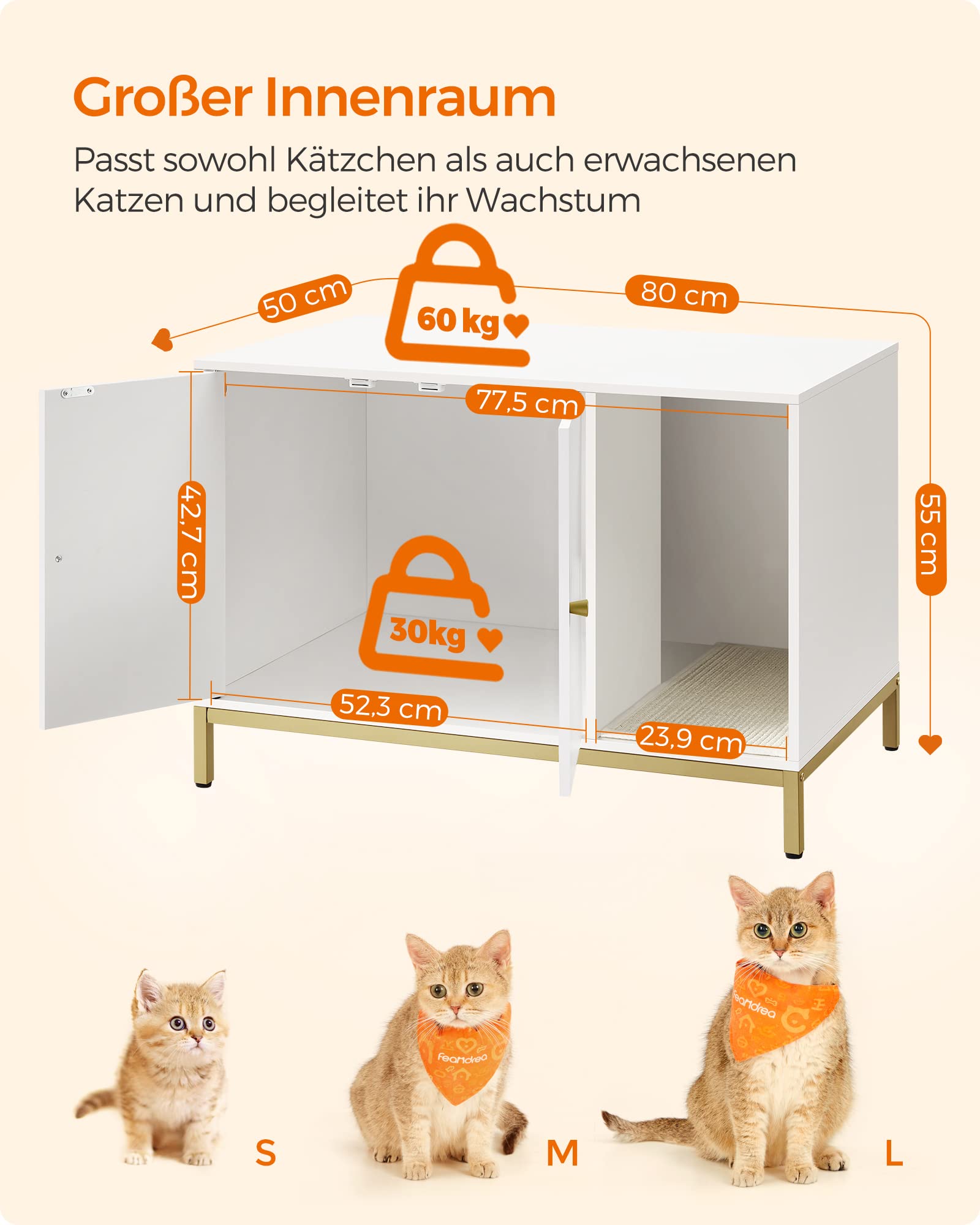 Feandrea Katzenklo-Schrank, Katzenhaus, Katzentoilette, mit Kratzmatte, hohe Beine, für Katzen, Beistelltisch, 80 x 50 x 55 cm, weiß-goldfarben PCL007W01