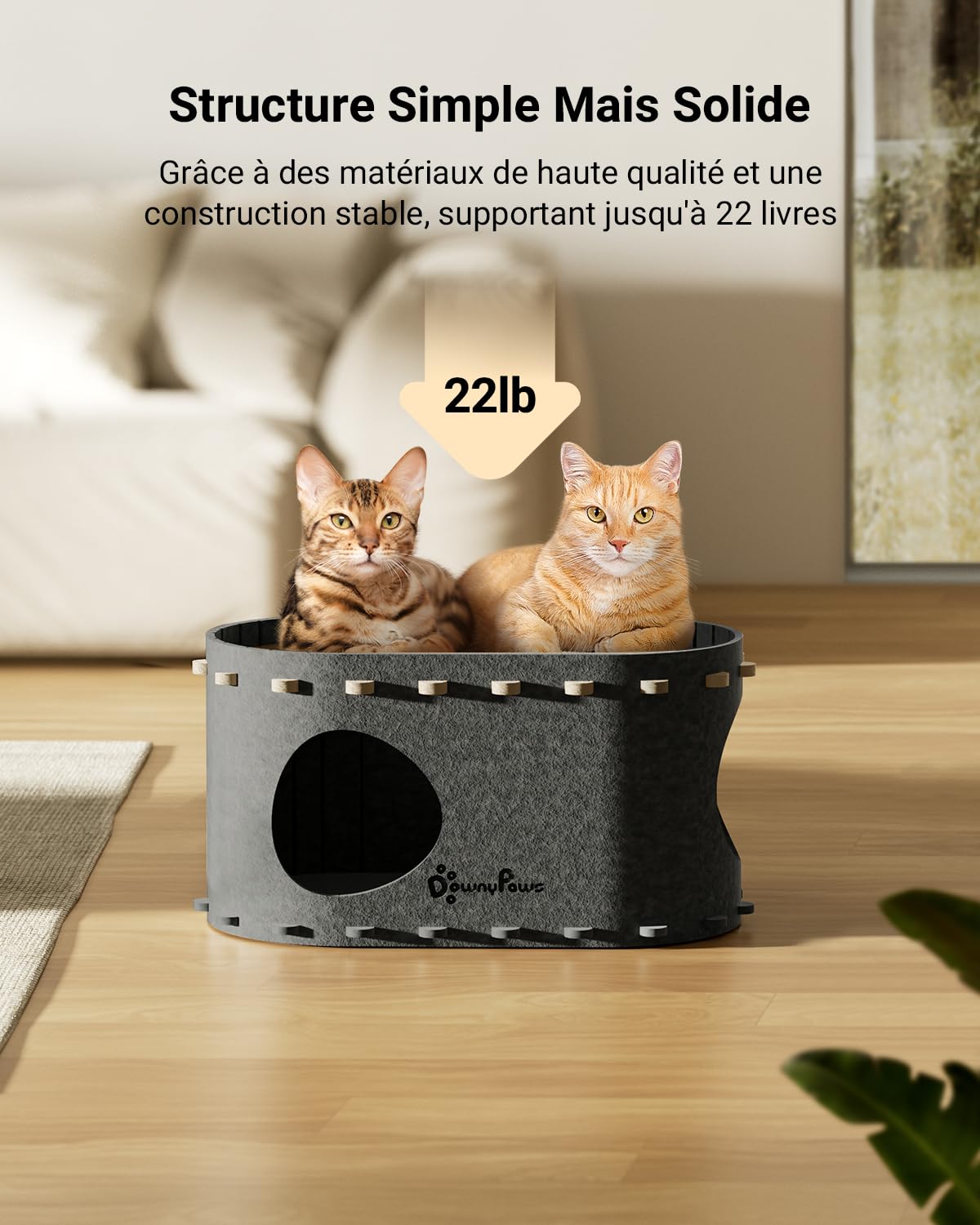 Katzenhöhle Filz, Katzenhaus aus Filz, Katzenbett, Katzenhöhle für Katzen, 58 x 33 x 30cm, Peek-a-Boo zum Spielen, Winterfest, Schutz der Katzennägel, Beige