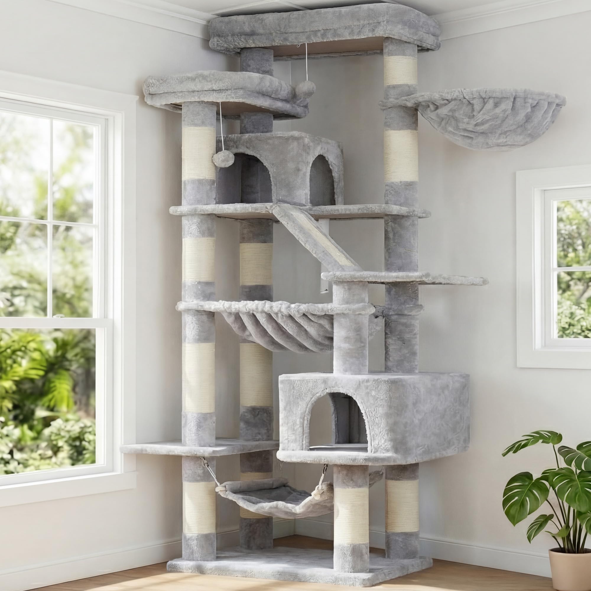 Heybly Kratzbaum, 180 cm Hoher Katzenturm für Wohnungskatzen mit 2 Plattformen, 2 Großen Schlafhäusern, 2 Hängematten, Korb und Kratzbrett, Großes Katzenmöbel mit Schlafplatz, Hellgrau HCT034W