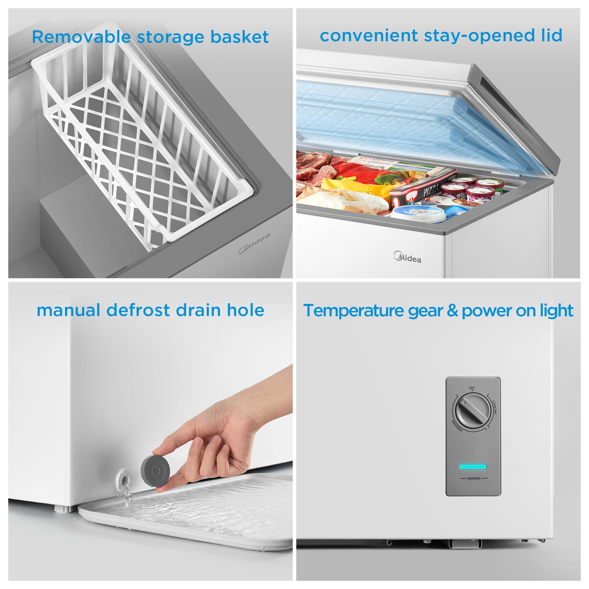 Midea MERC04C4BAWW Chest Freezer, 3.5 Cubic Feet Freezer With Removable Basket, Interior LED Light, Adjustable Temperature, For Kitchen Apartment Office, White