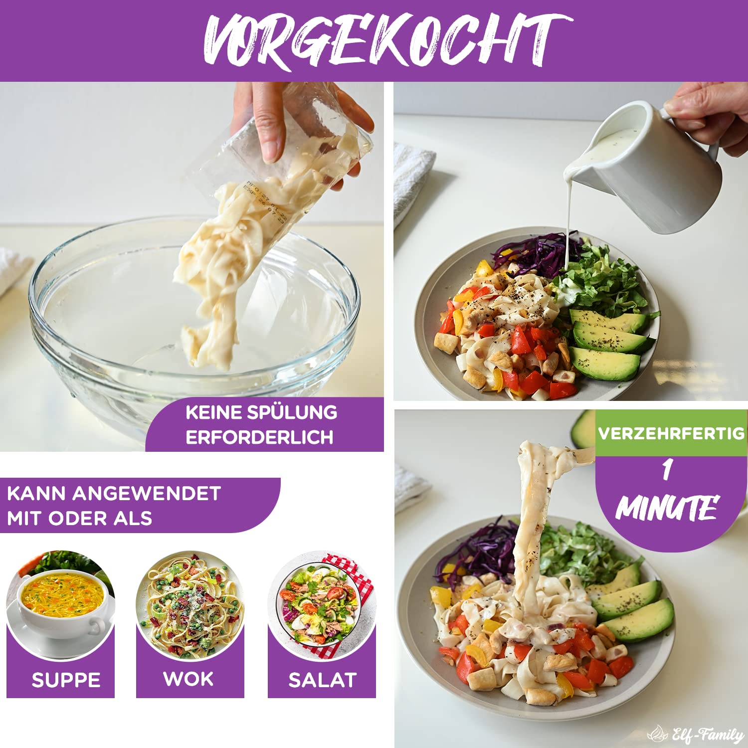 Premium Konjak Nudeln aus Thailand Vegan Glutenfrei-240gx 6er Box(12 pack), Elf-Family Shirataki Nudeln Instant Nudeln Pasta/Keto/Low Carb/Kalorienarme/Zuckerfrei -Spaghetti & Fettuccine