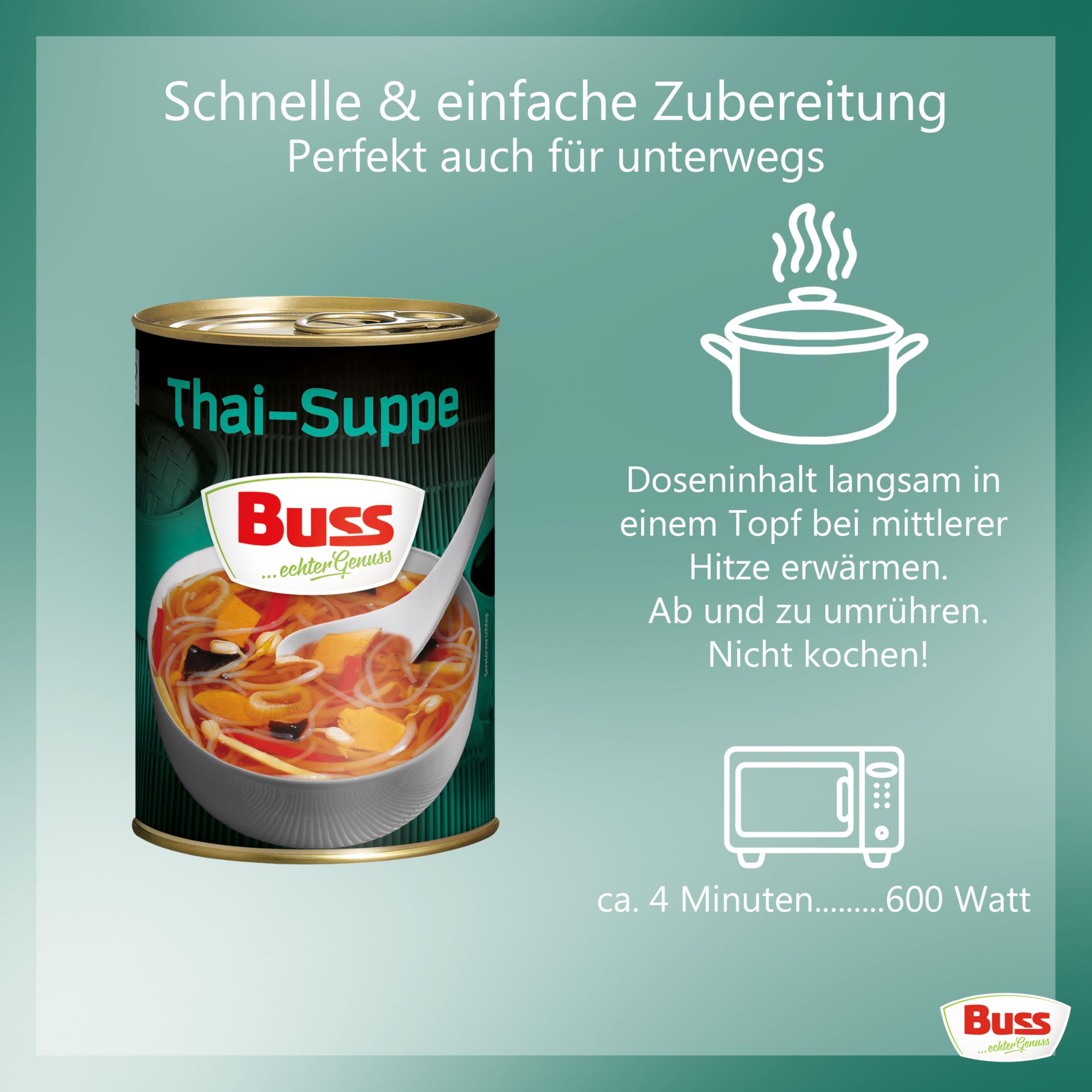 Buss Asia Suppen - Bihunsuppe Original nach indonesischer Art - Milde Asia Suppe mit Paprika, Hühnerfleisch und Glasnudeln - Schnelle Fertiggerichte zum Aufwärmen in Mikrowelle & Topf - 12 x 400g