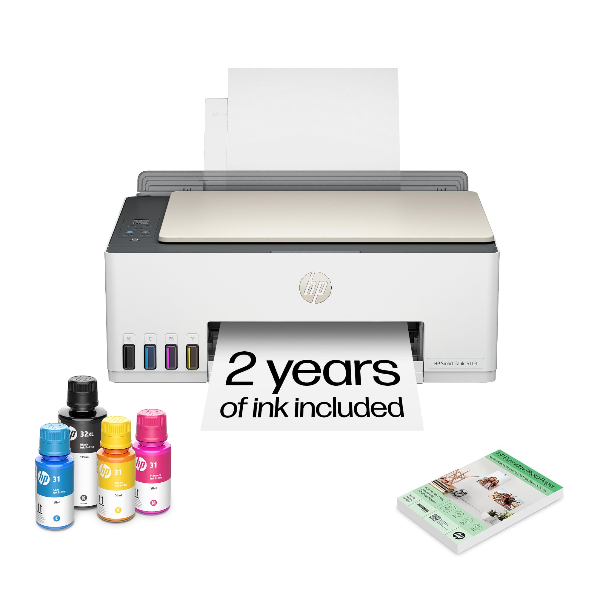 HP Smart Tank 5101 Wireless All-in-One Refillable Printer, Scanner, Copier with 2 Years of Ink Included, Wireless (2.4ghz only) Printer-for-Home use (1F3Y0A)