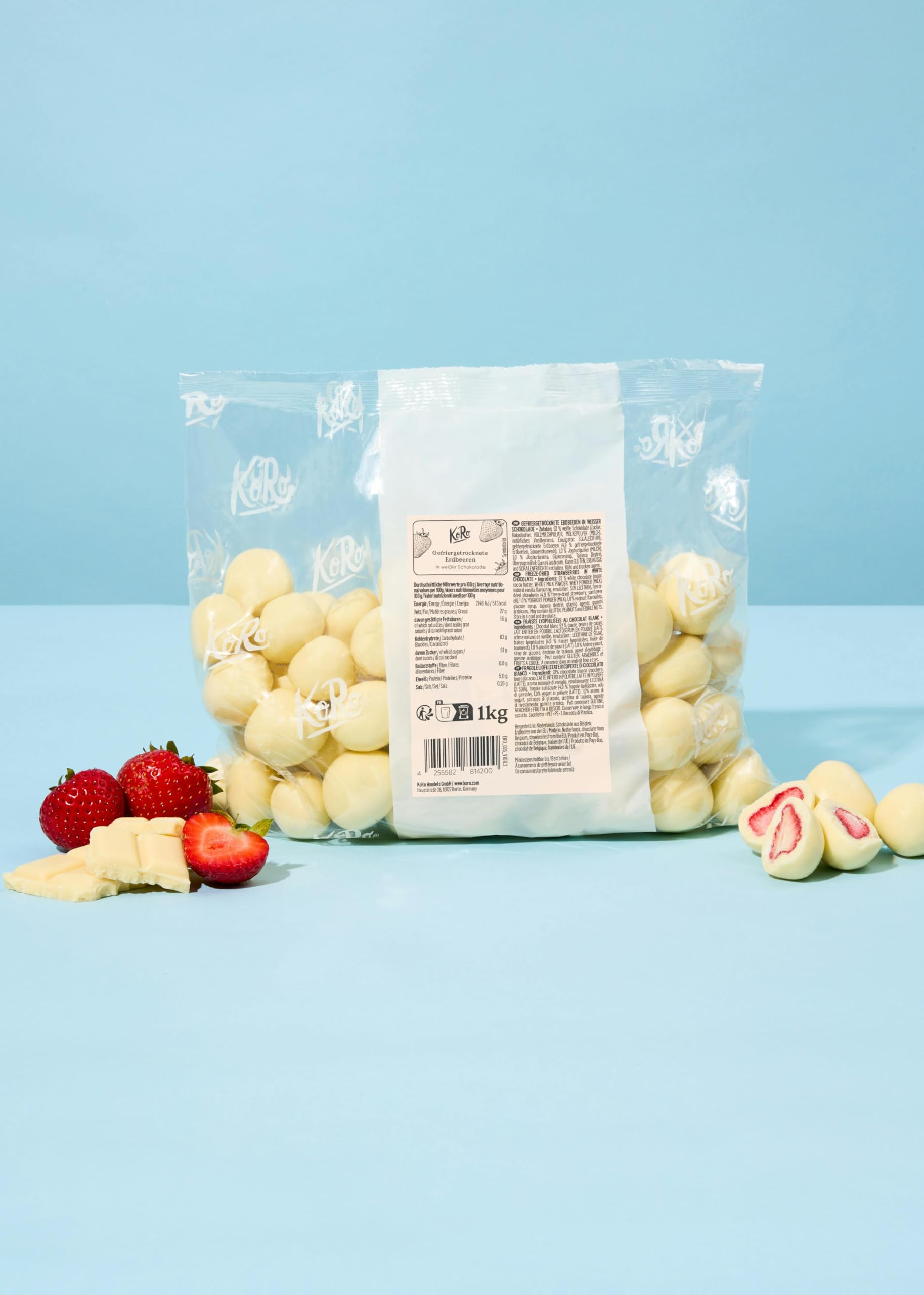KoRo - Gefriergetrocknete Erdbeeren in Milchschokolade 1 kg - Knackig Fruchtig - Snack im Vorteilspack