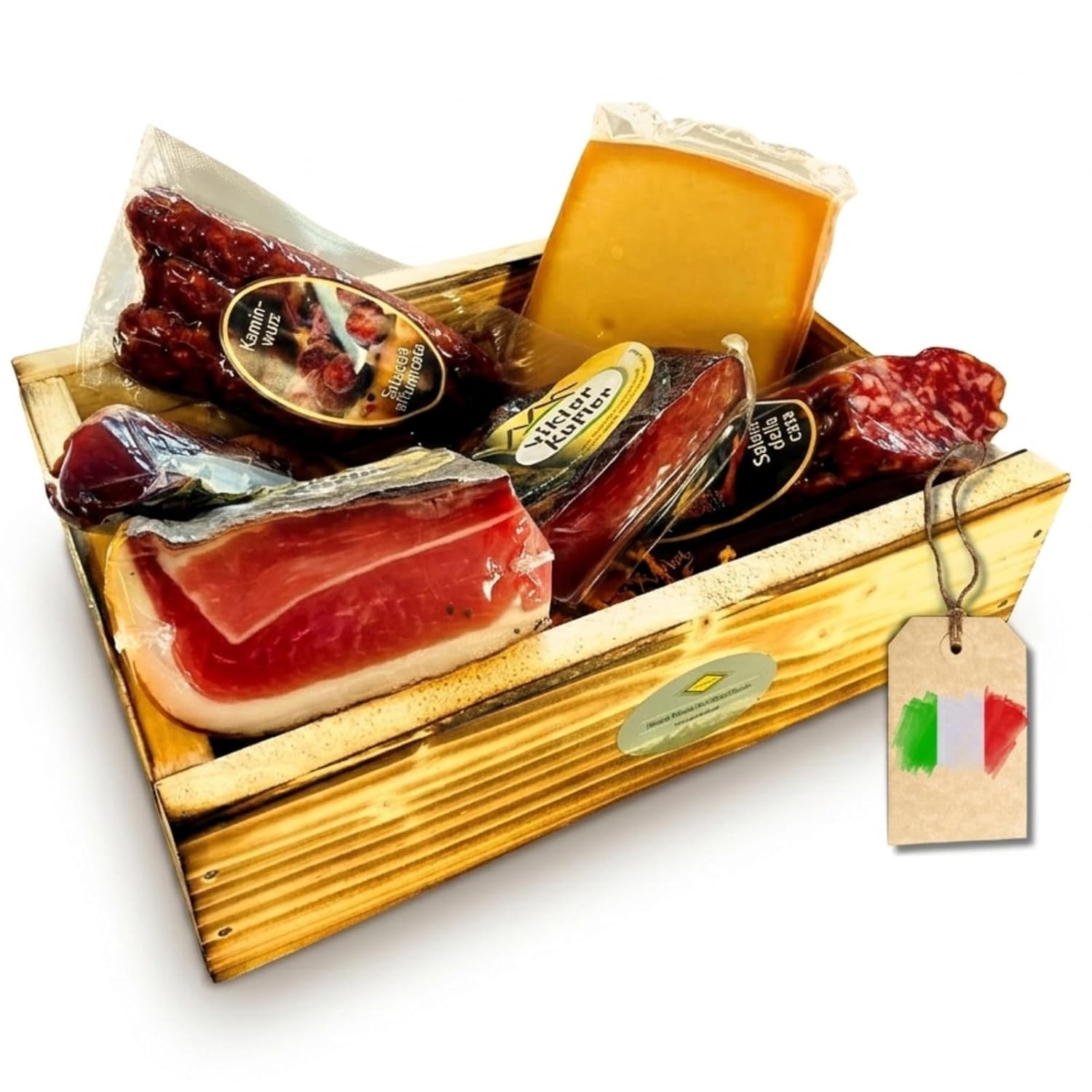 BAVAREGOLA Geschenkekiste mit Südtiroler Spezialitäten die "6er Marende" - Präsentkorb gefüllt mit Speck, Käse, Salami & Schinken von Viktor Kofler/Lana - Genuss Geschenk für Männer & Frauen