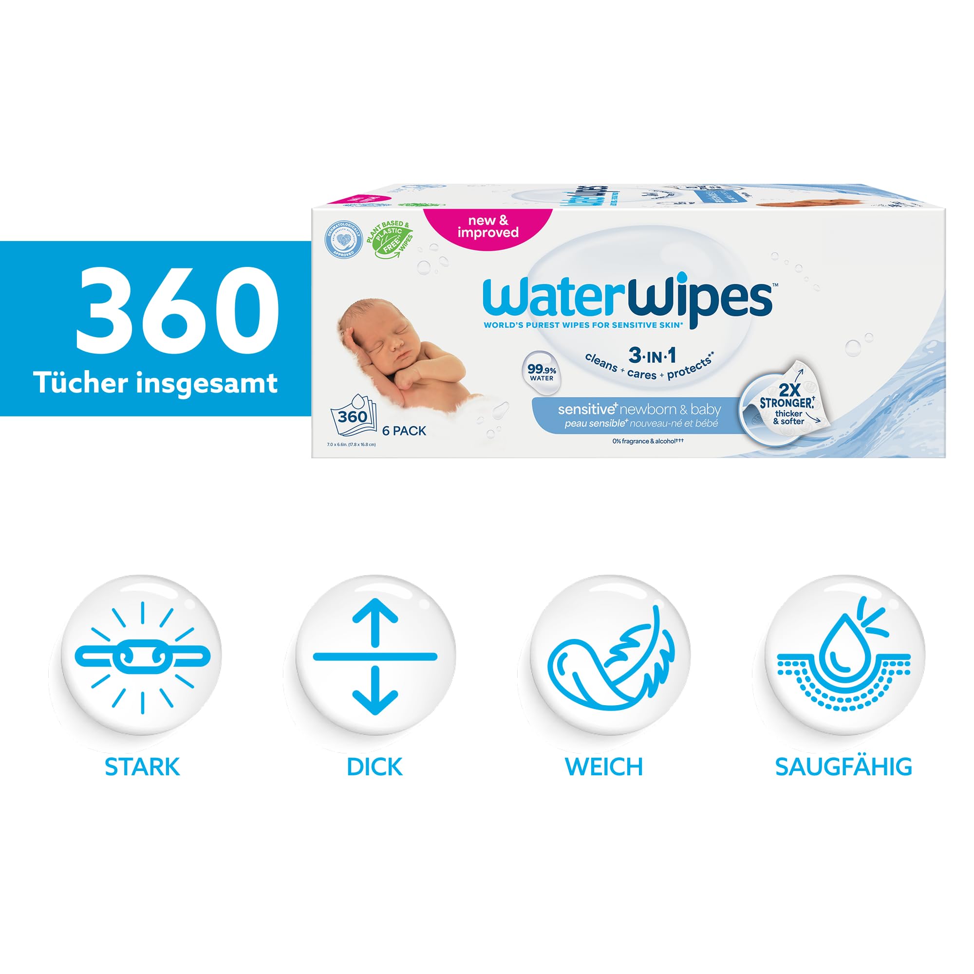 WaterWipes Sensitive+ Newborn & Baby Wipes, Feuchttücher für Neugeborene und Babys, 720 Stück (12 Packungen), 3-in-1-Reinigung, Pflege, Schutz, 99,9% Wasser, parfümfrei