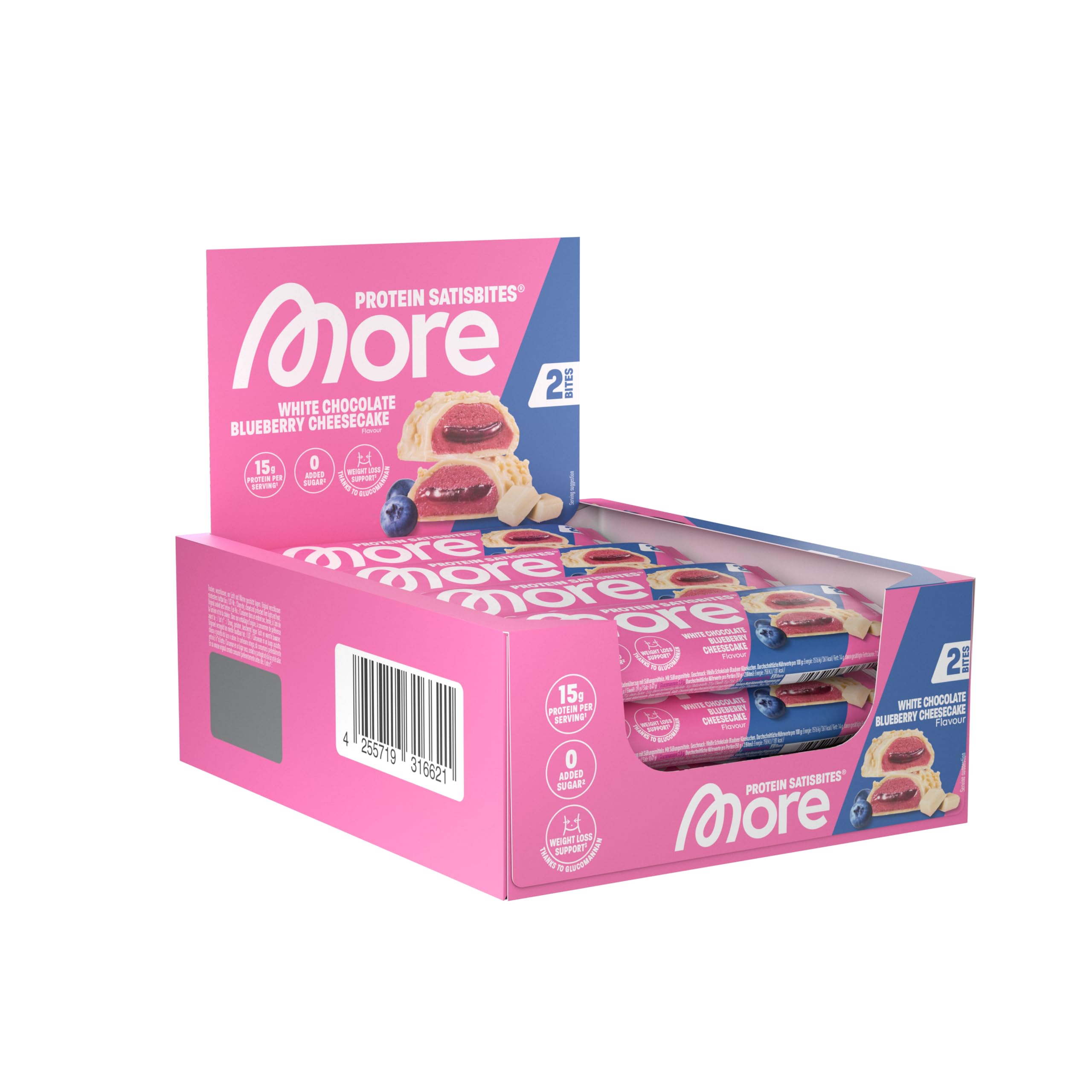MORE Protein Satisbites, 12er Box Proteinriegel, 12 x 2 x 25 g, White Chocolate Strawberry Cream, bis zu 16 g Protein pro Portion, ohne Zuckerzusatz, made in Germany