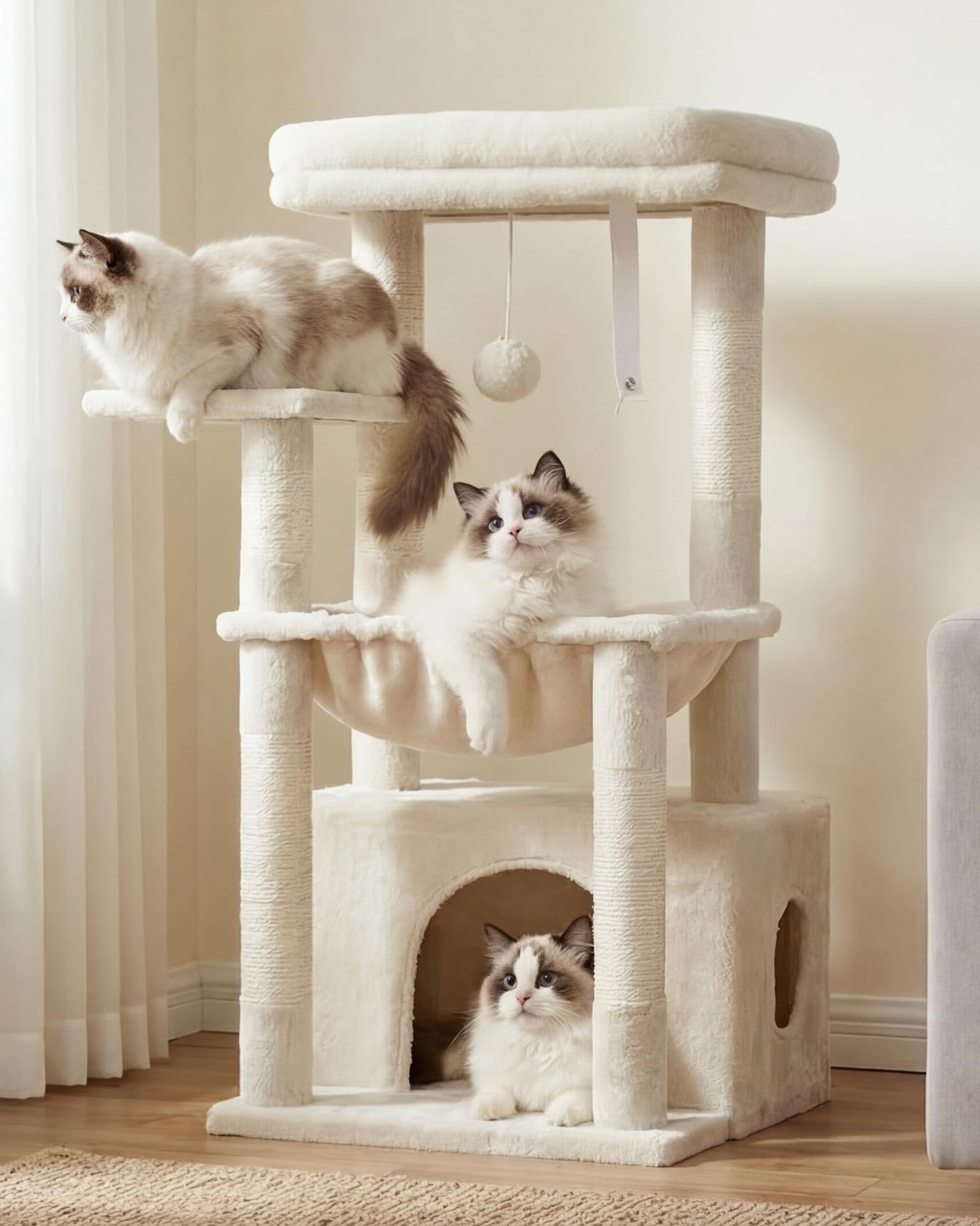 Heybly Kratzbaum, Katzenbaum mit Extra Großem, Weichem Katzenkorb, Katzenkratzbaum mit Geräumigem Katzenbett und Verstecktem Schlafplatz, Robusten Sisal-Kratzsäulen, Hellgrau HCT008SW