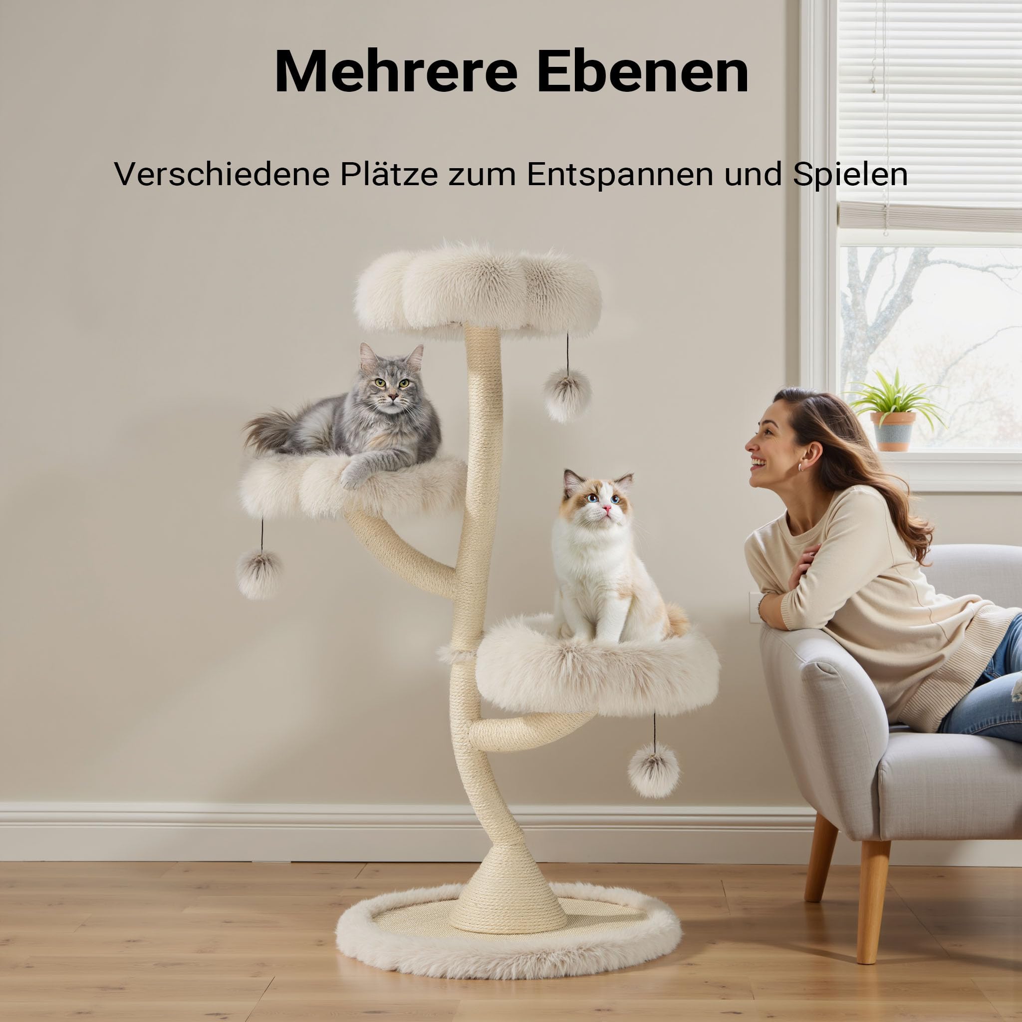 Fudajo Designer Kratzbaum mit Hängeliege, Katzenkratzbaum 59 x 59 x 169 cm, Katzenbaum bis max. 15 kg mit Sisal und Plüsch, Katzenmöbel mit 3 Etagen