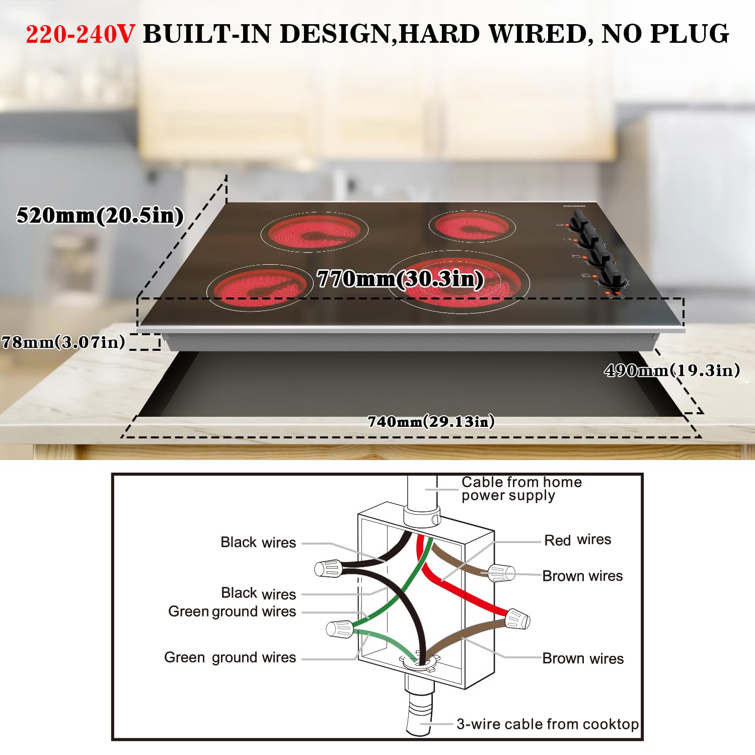 Karinear 30 Inch Electric Cooktop 4 Burners, Knob Control Built-in Ceramic Cooktop, 30" Radiant Electric Stove Top with Glass Protection Metal Frame,Fits Most Existing Cutouts, 220-240v, Hard Wire