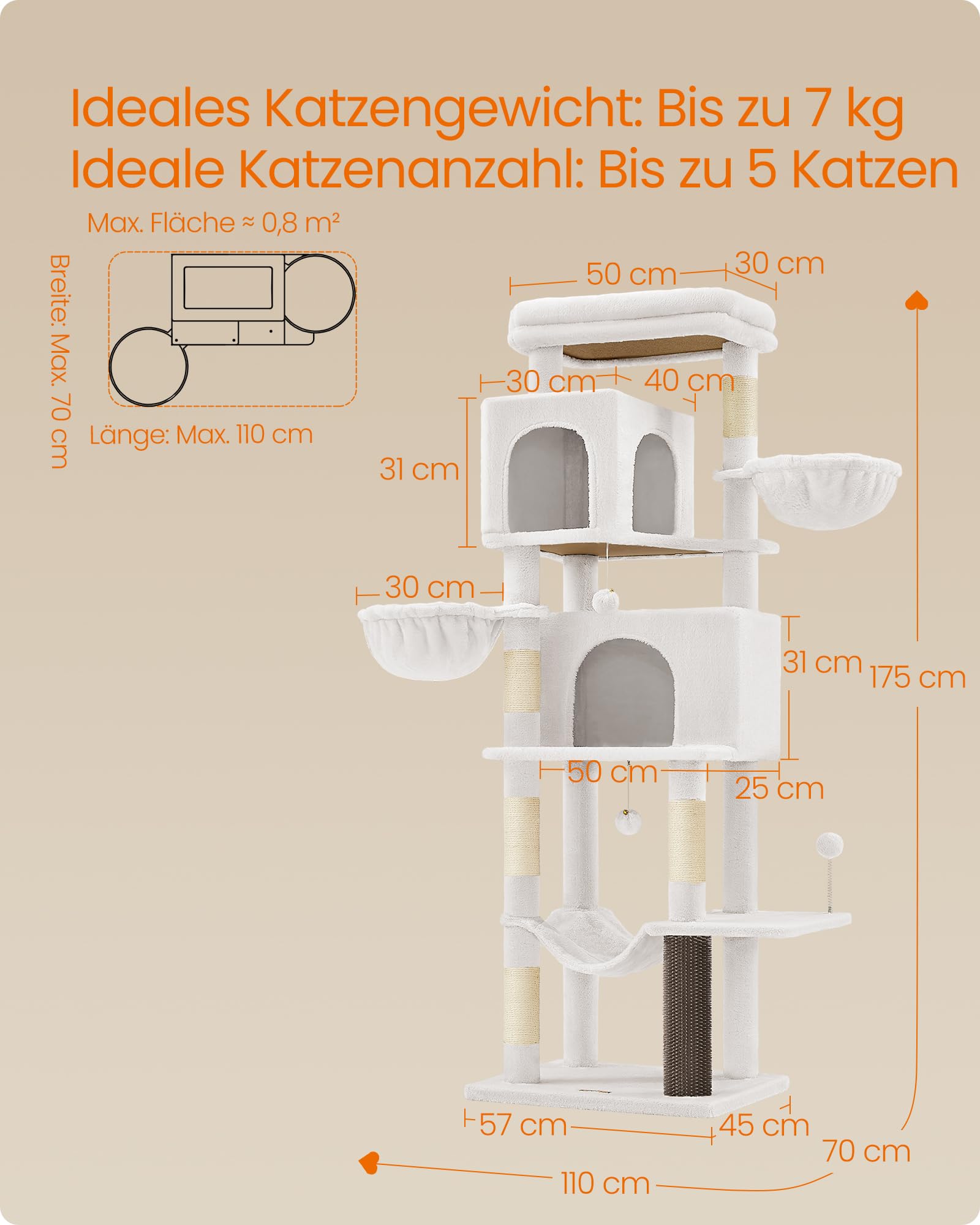 Feandrea Kratzbaum, 175 cm hoch, XL, mehrstöckiger Katzenbaum mit 2 Höhlen, 2 Liegemulden, 5 Kratzsäulen, Katzenbürste, große Plattform, Taubengrau PCT182G01