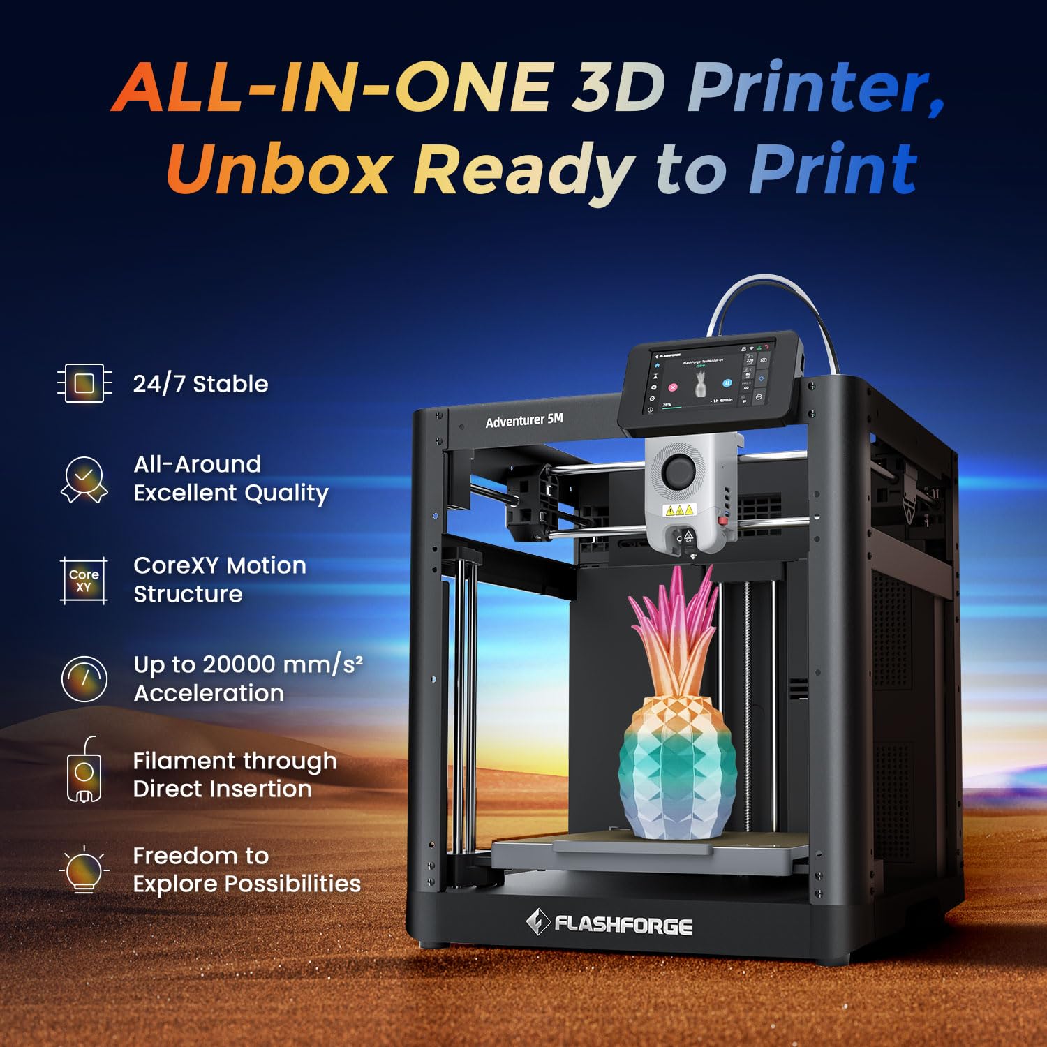 FLASHFORGE 3D Printer AD5M Pro with 250g PLA, 600mm/s High Speed CoreXY High Precision Printing, 280℃ Quick-Swap 0.4 & 0.6mm Hotend, 50dB Silence and Built-in Camera, Build Volume 220 * 220 * 220mm