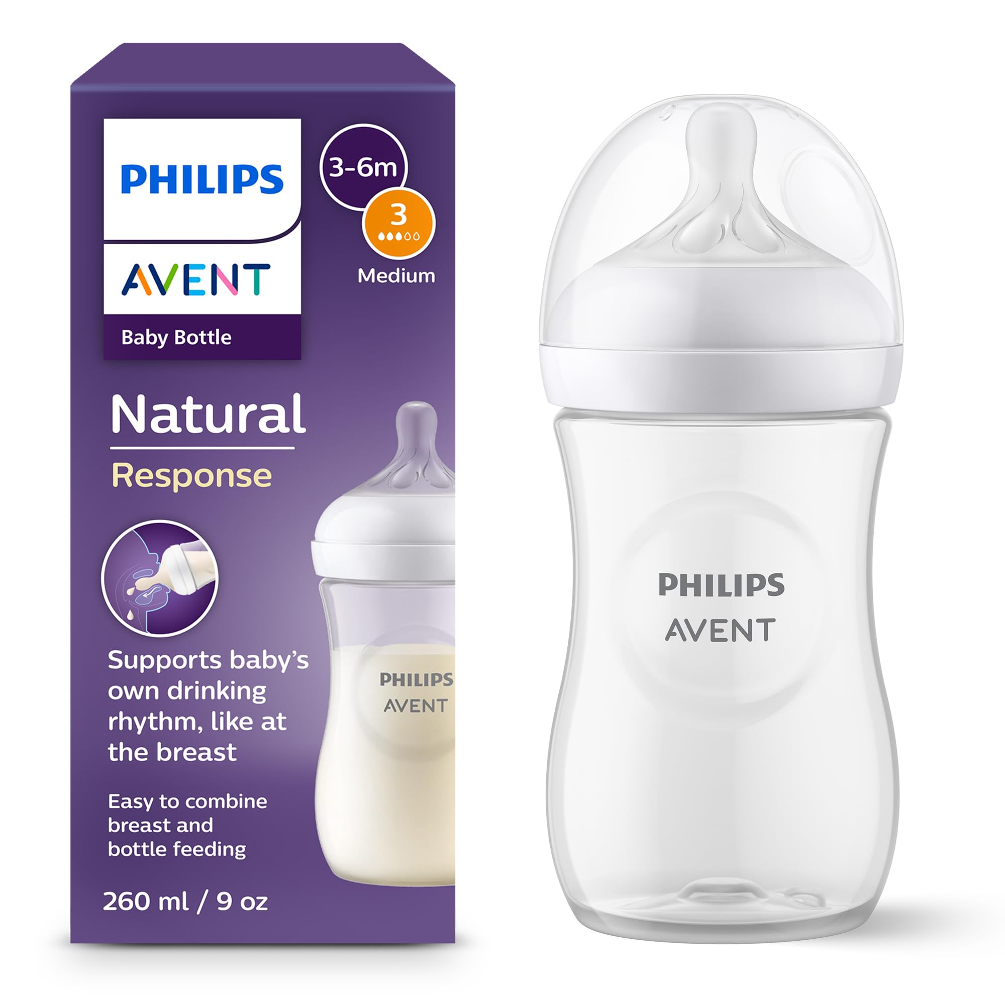 Philips Avent Natural Response Babyflasche mit 260 ml mit Saugern für mittleren Nahrungsfluss (Durchflussrate 3), 3er-Pack, SCY903/03