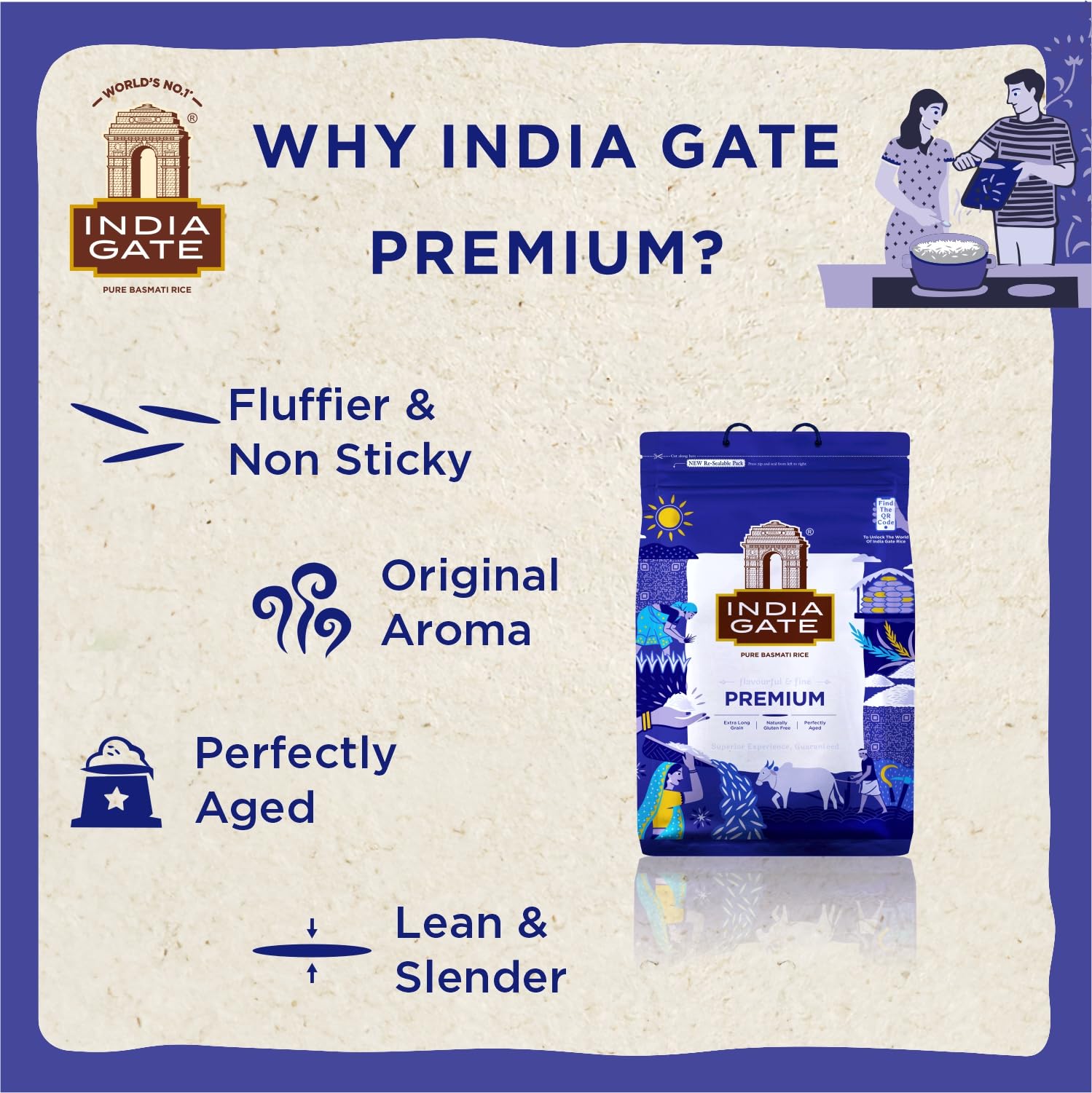 INDIA GATE Premium Basmati Reis – Feiner, aromatischer Langkornreis aus Indien, feines Langkorn (1 x 5 kg)