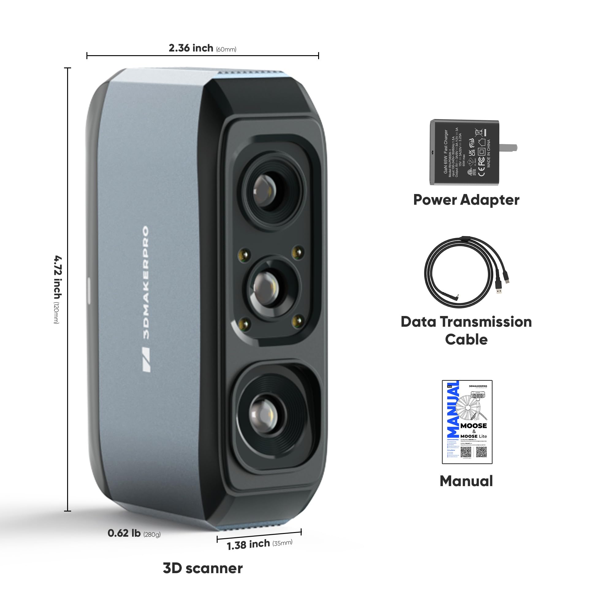 3DMakerpro 3D Scanner for 3D Printing, Handheld 3D Model Scanners with 0.05mm High Detailed Precision, Intelligent Pre and Post Data Processing, Compatible with Windows/MacOS (Moose Standard)