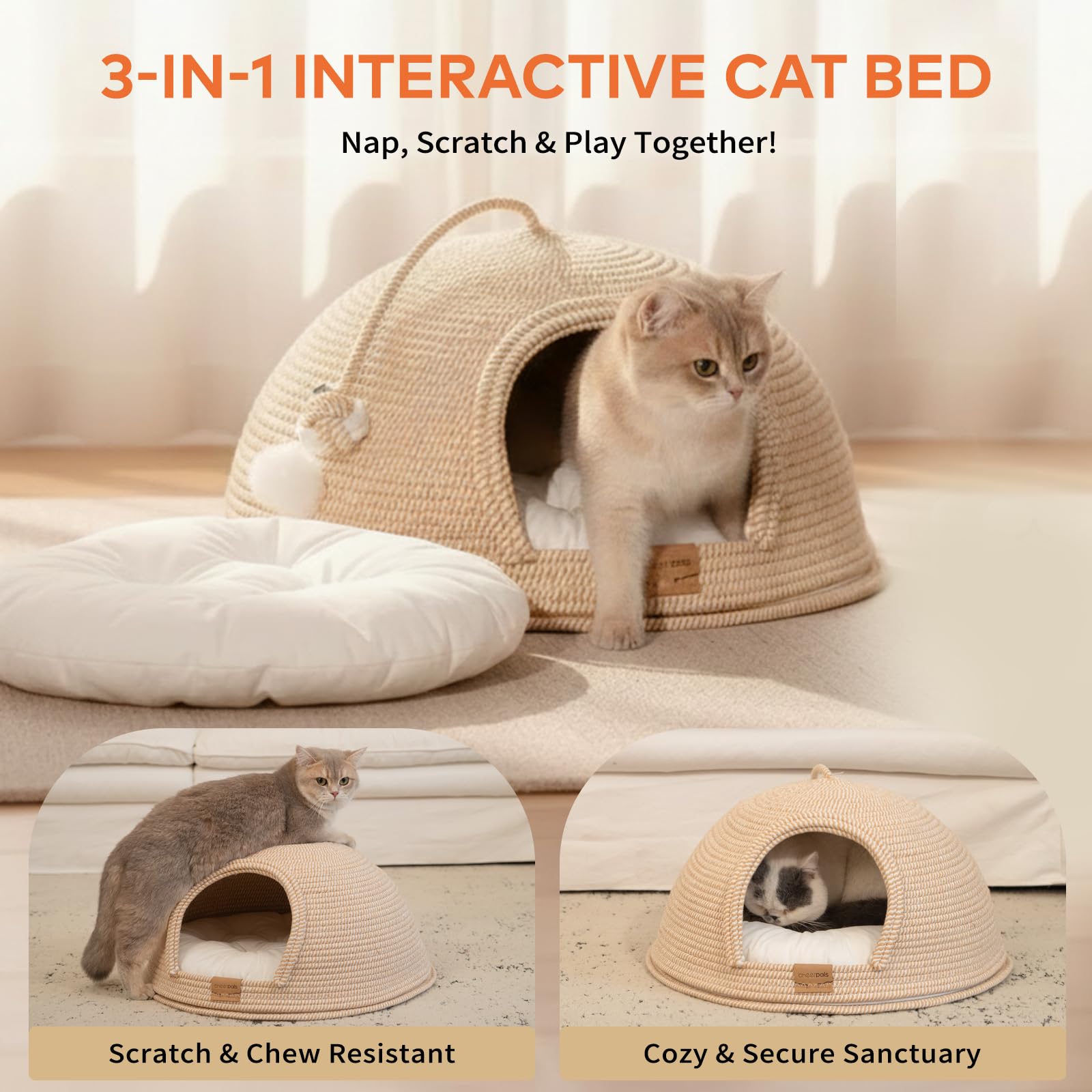 CheerPals Katzenbett mit Kissen, 47cm Waschbar Katzenkorb aus Baumwollseilen geflochten, zum Schlafen für Alle Katze, All Season Universal