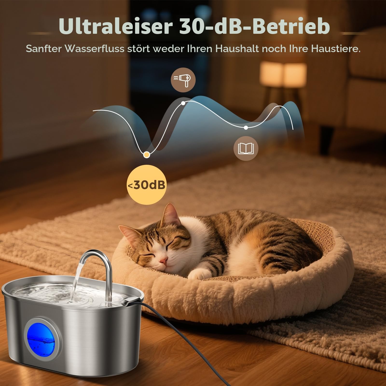 Invengo MeowFlow B30 Trinkbrunnen für Katzen, 2,2L Edelstahl-Haustierbrunnen mit sichtbarem Wasserfenster, einfach zu reinigen und installieren, inkl. 4 Ersatzfilter, spritzwassergeschütztes Design
