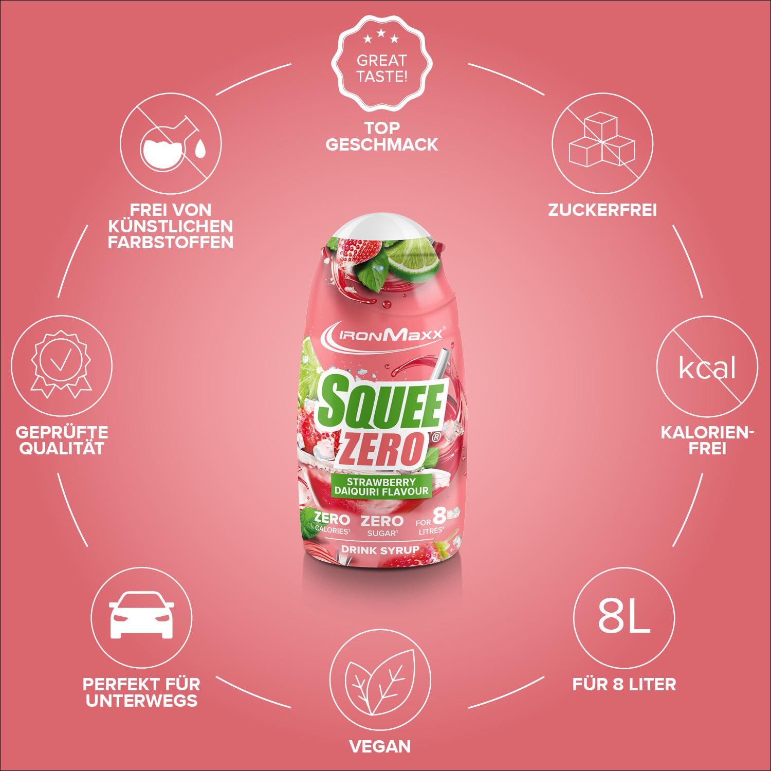 IronMaxx SqueeZero - Raspberry 65ml | Sirup, Erfrischendes Geschmackserlebnis für 8 Liter, Zuckerfrei und Kalorienfrei in 100ml verzehrfertigem Getränk
