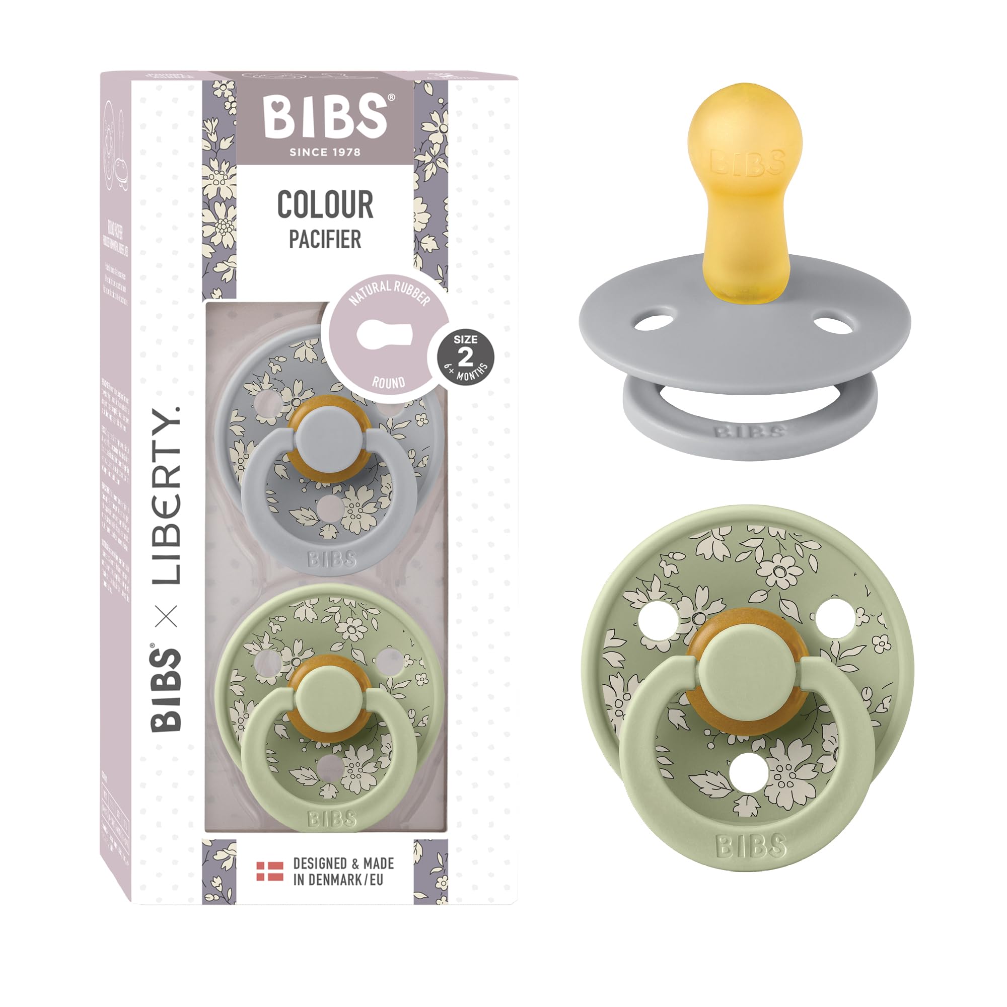BIBS Colour Liberty Schnuller 2er-Pack, BPA-frei, Kirschform Nippel. Naturkautschuk/Latex, Hergestellt in Dänemark, Größe 2 (6-18 Monate), Chamomile Lawn Violet Sky