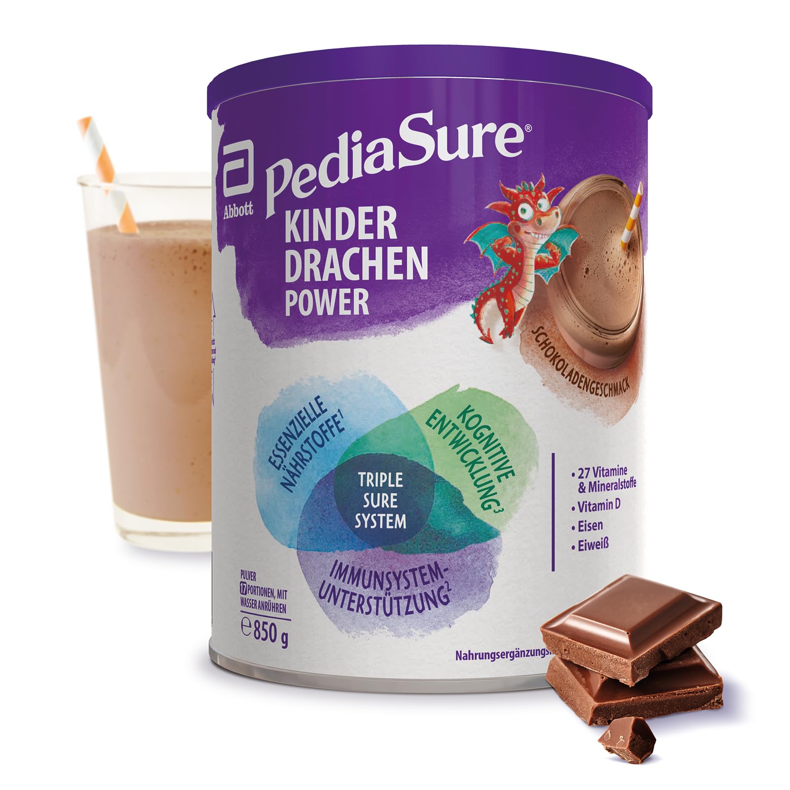 Pediasure Kinder Drachen Power Vanille 850g| leckerer Nahrungsergänzungsshake für Kinder ab 1 Jahr|mit 27 Vitaminen & Mineralien, Protein und triplesure Komplex|Verpackung kann variieren