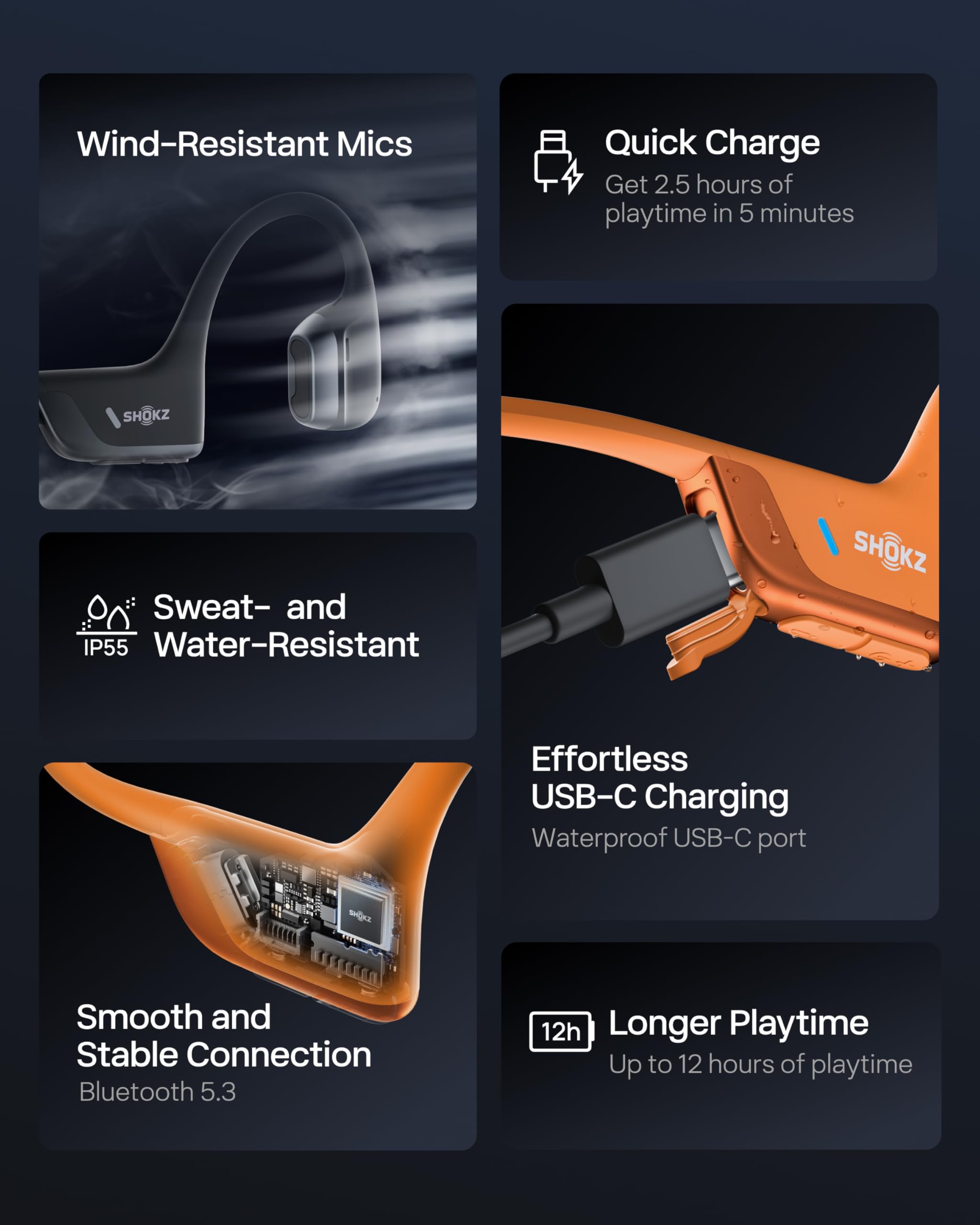 SHOKZ New OpenRun Pro 2- Bone Conduction Headphones, Open-Ear Bluetooth Wireless Sport Earphones for Running, Workouts - Sweat Resistant, Secure Comfortable Fit -Deep Bass, Smart Mic, Reflective Strip