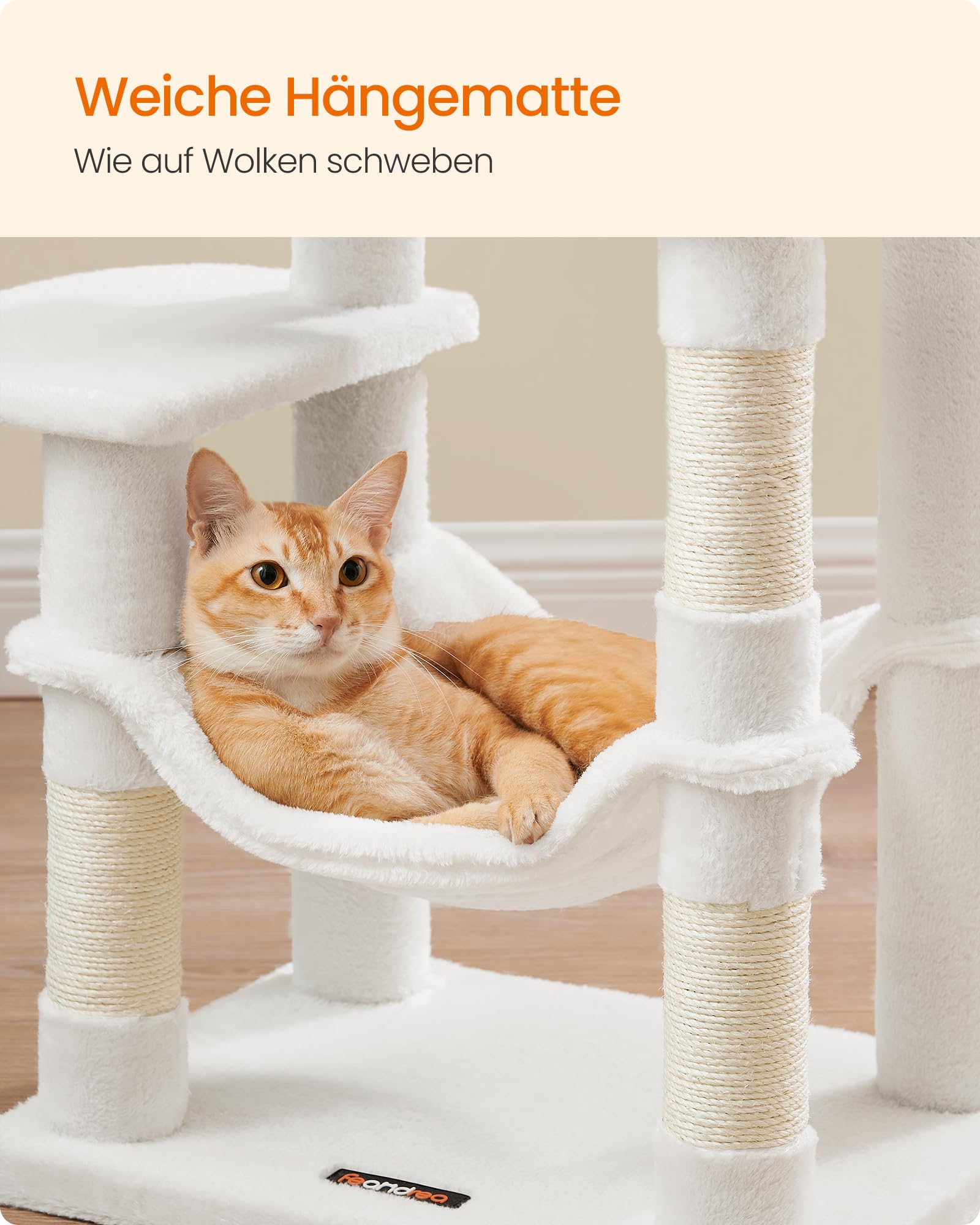 Feandrea Kratzbaum, 143 cm hoch, Katzenbaum, mehrstöckiges Katzenhaus, mit 4 Kratzsäulen, 2 Plattformen, Hängematte, Höhle, hellgrau PCT161W01